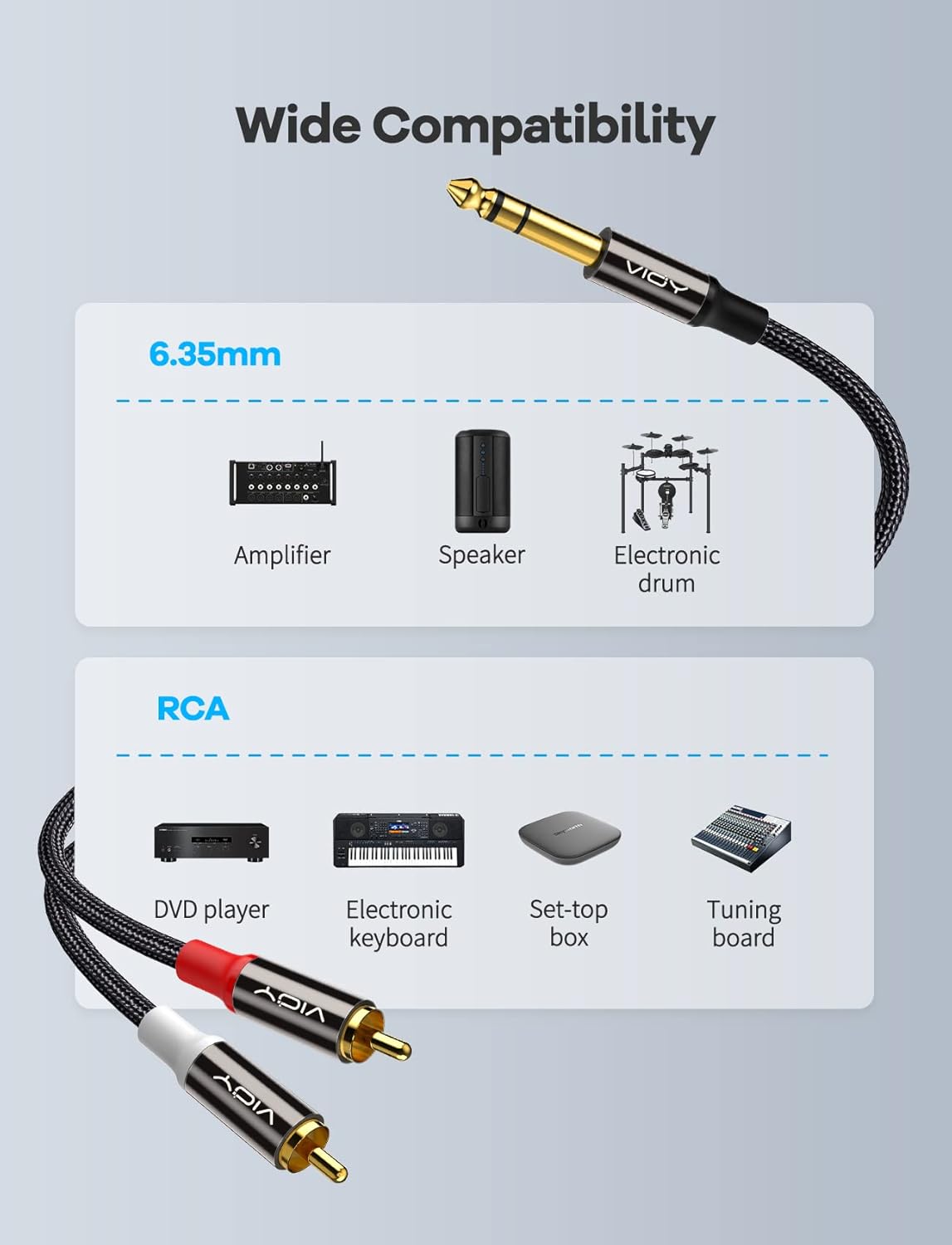 VIOY Cable de audio RCA dual de 14 a doble 5 pies, carcasa de cobre chapada en oro, resistente, conector TRS macho de 0.250 in de cuarto de pulgada