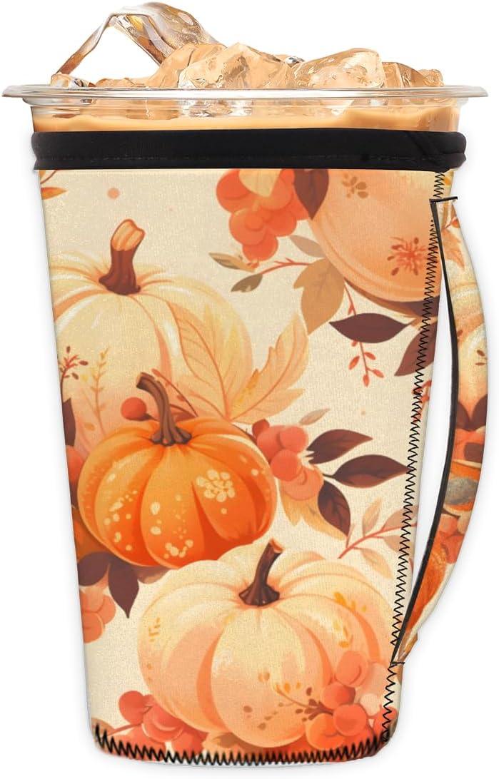 Funda de neopreno reutilizable con asa para café helado de calabaza de Acción de Gracias, para otoño y otoño, para bebidas calientes y frías, 18