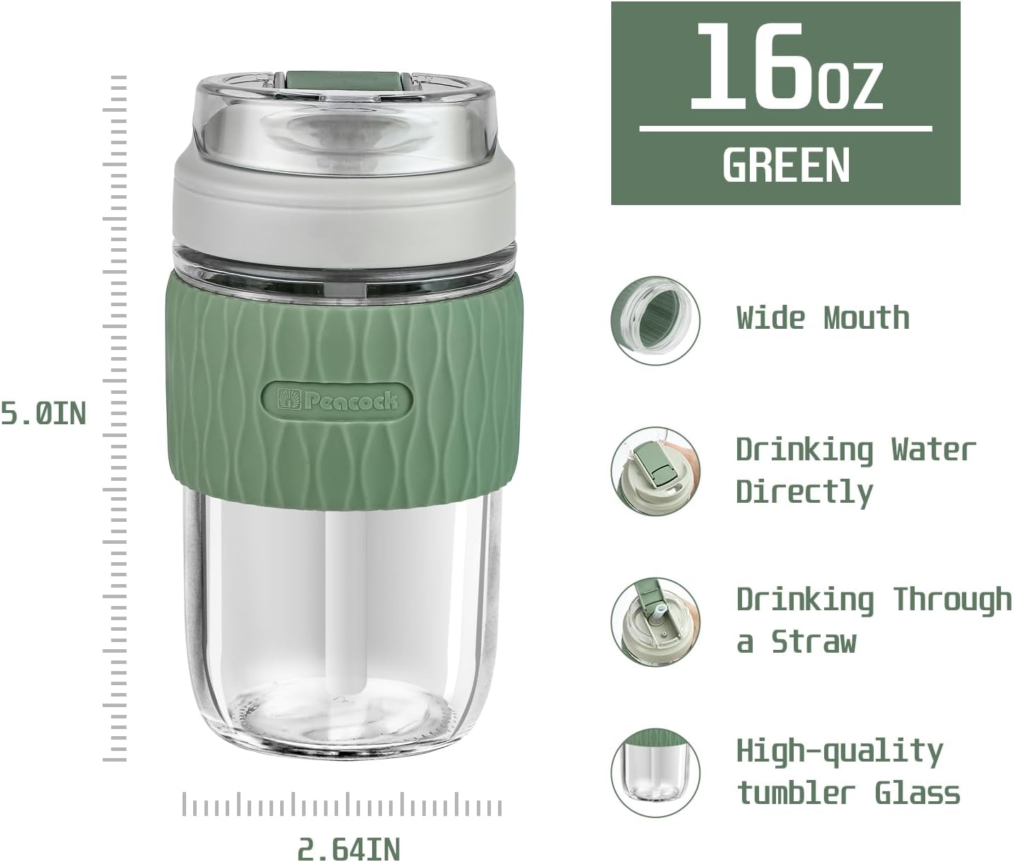 Vaso de vidrio de 16 onzas con popote y tapa, taza de café de vidrio de doble bebida con funda de silicona, vaso de café a prueba de fugas para