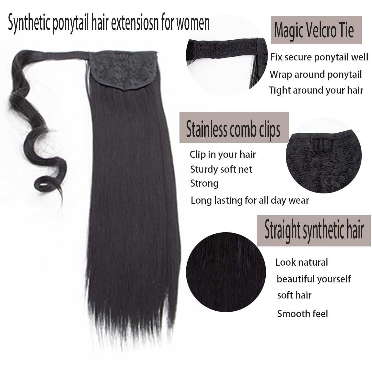 Extensión de cola de caballo larga y recta con clip, extensión de cola de caballo sintética envolvente, extensiones de cabello con clip en cola de