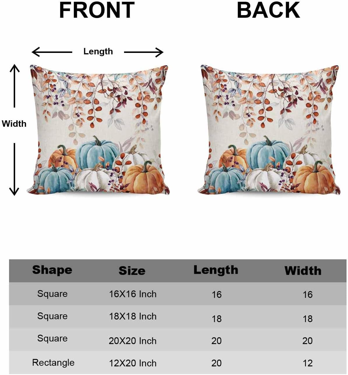 Paquete de 2 fundas de almohada decorativas para sofá, retro, otoño, naranja, blanco, azul, cosecha, hojas de calabaza, 18 x 18 pulgadas, fundas de