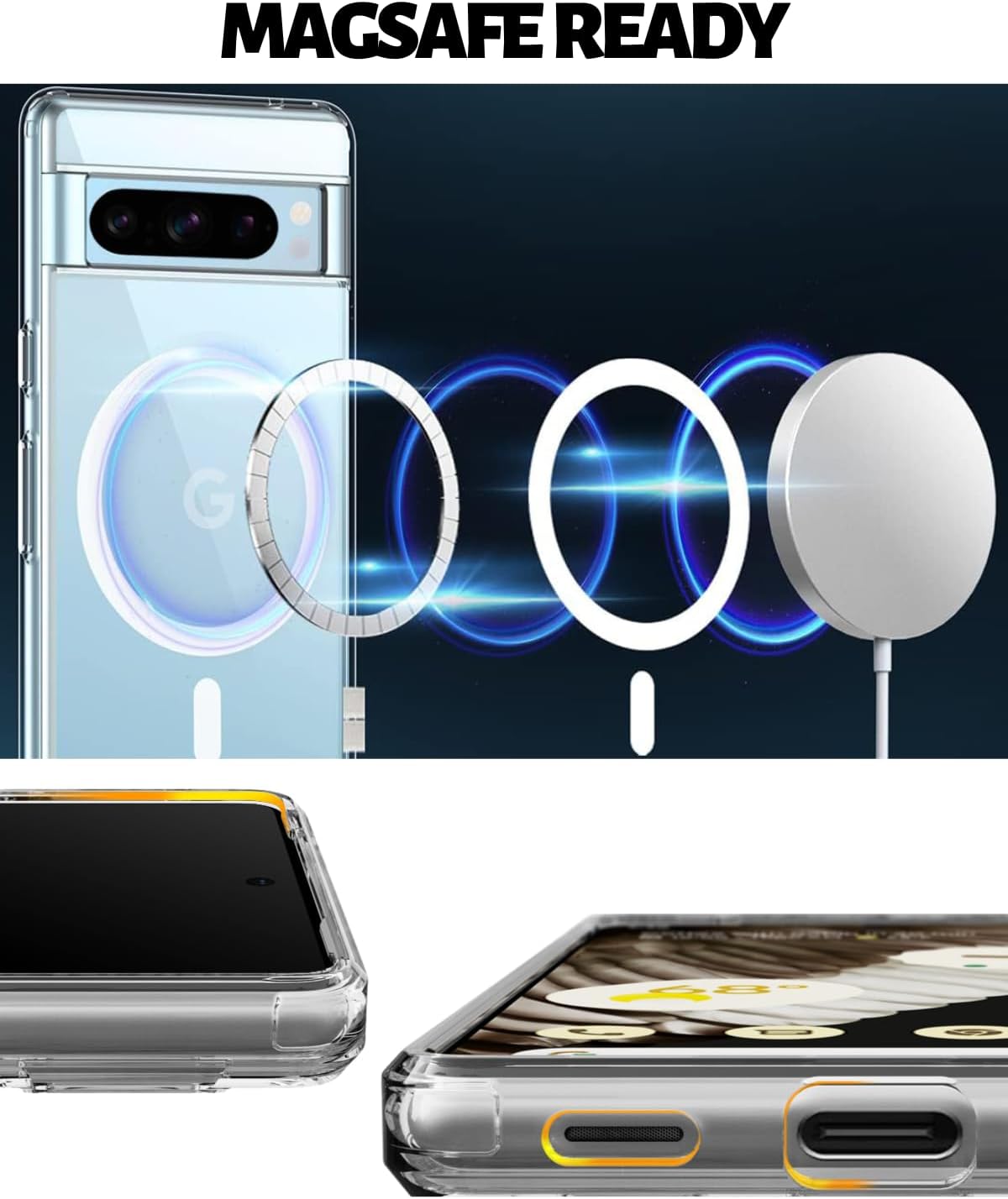 CaseBorne Funda compatible con Google Pixel 8 Pro, híbrida ultra transparente 5 en 1, antiamarilleo, magnética, con protector de pantalla y
