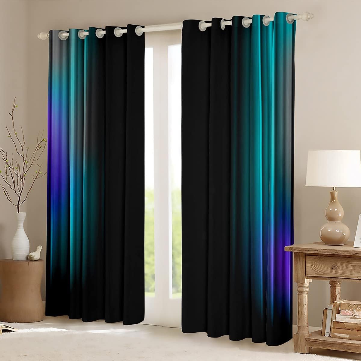 Cortinas geométricas abstractas degradadas para adolescentes, color verde azulado y azul, gris, negro, a rayas, para dormitorio, sala de estar,