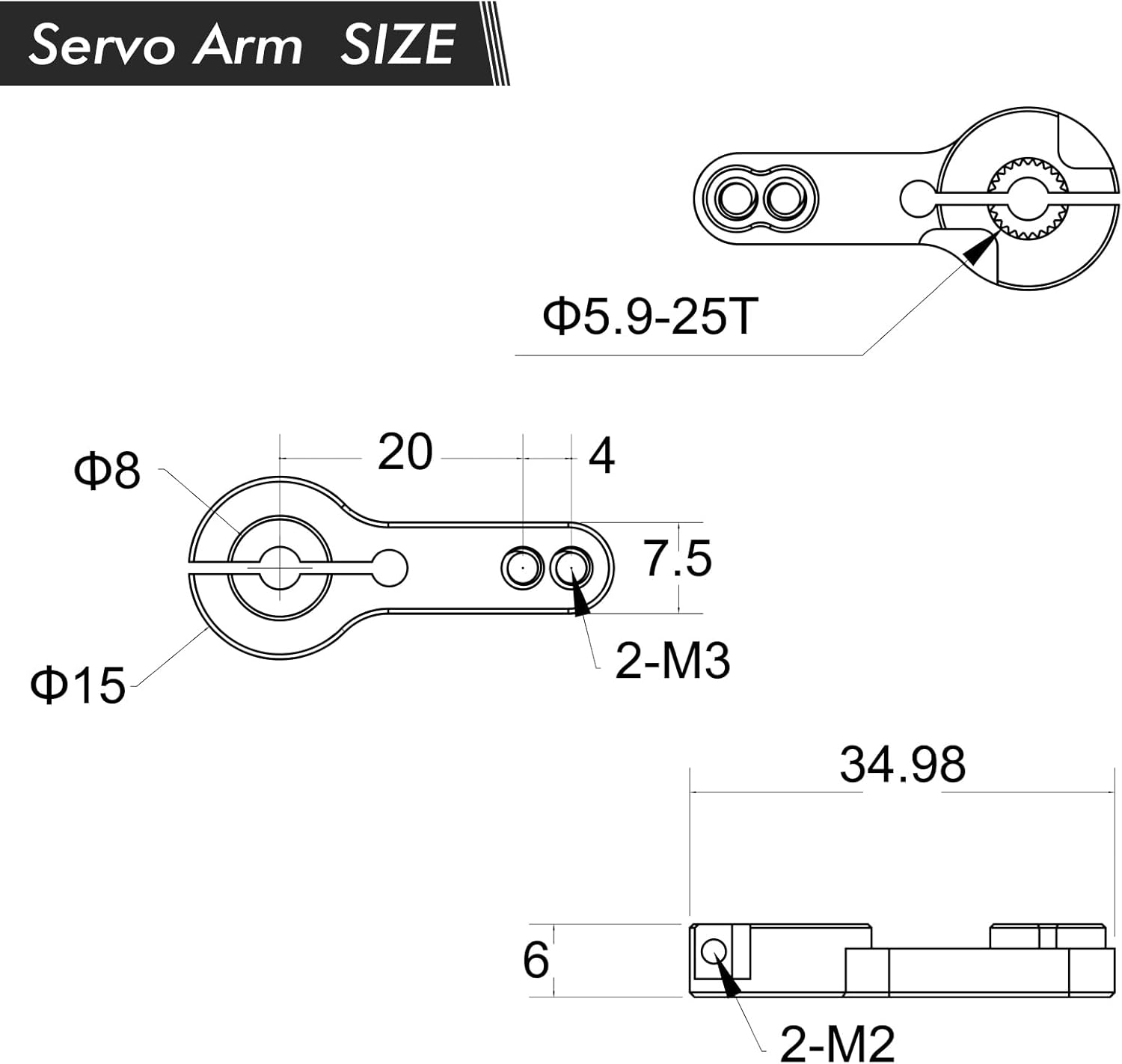 Paquete de 2 bocinas servo de aluminio 25T grises M3 hilos de brazo de dirección de metal, adecuado para servos de la serie SINCECAM para servos 25T