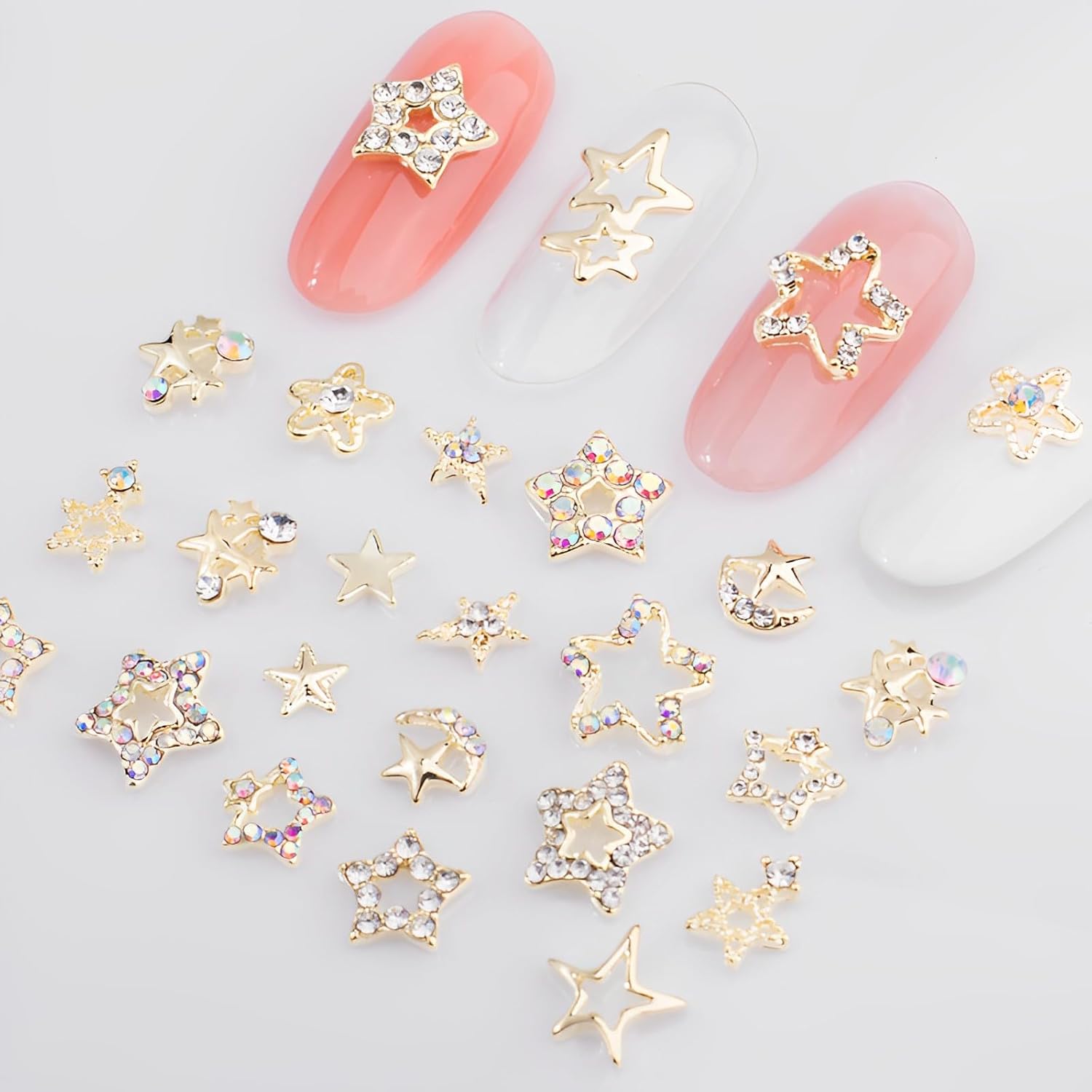 Shemboli – 24 dijes de uñas de estrella para uñas acrílicas, estrellas doradas 3D, diamantes de imitación de uñas, gemas de uñas, pentagrama, lindos