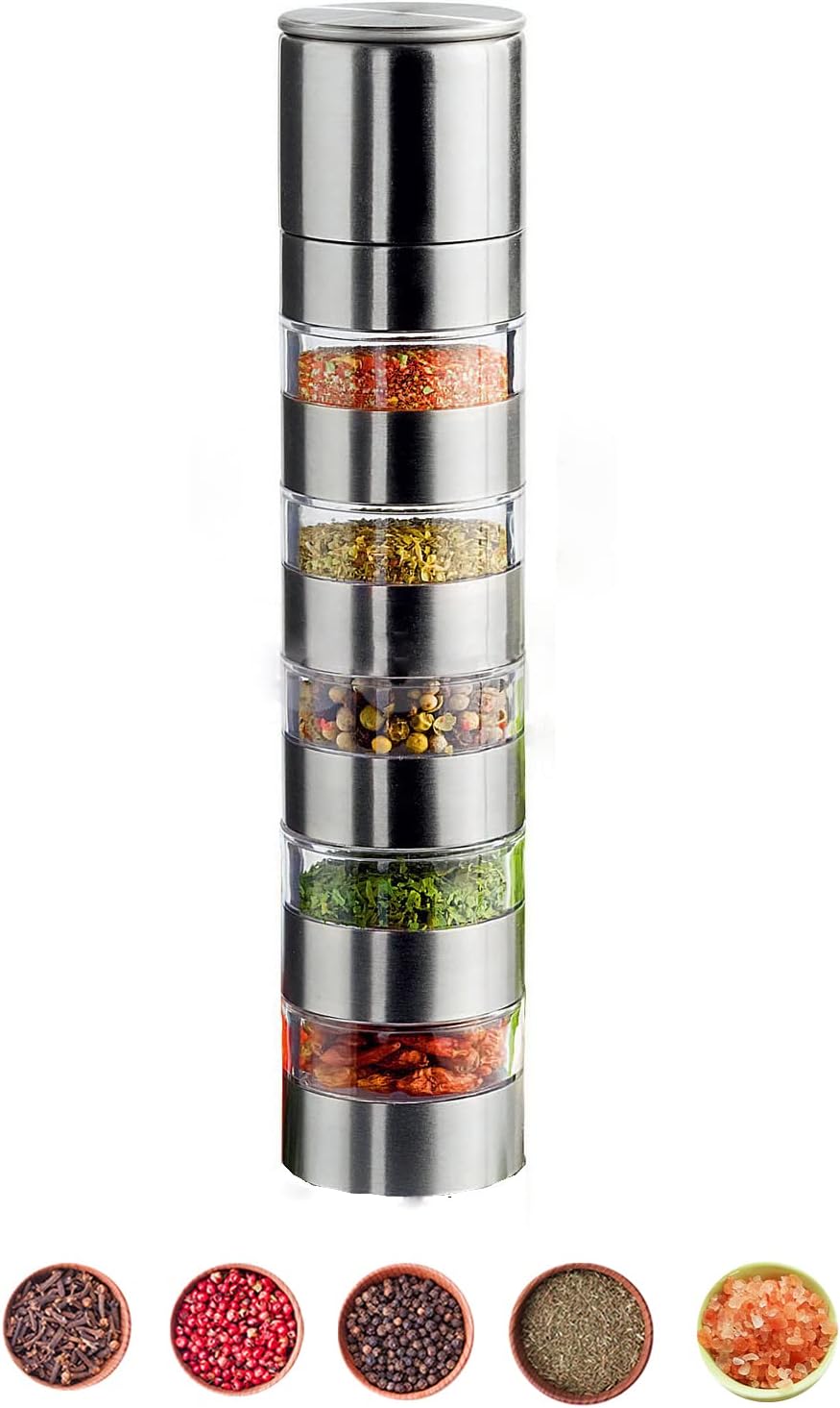 Sunmei Kit portátil de especias de viaje, contenedores modulares de especias de viaje, juego de molinillo de sal y pimienta 5 en 1 para camping,