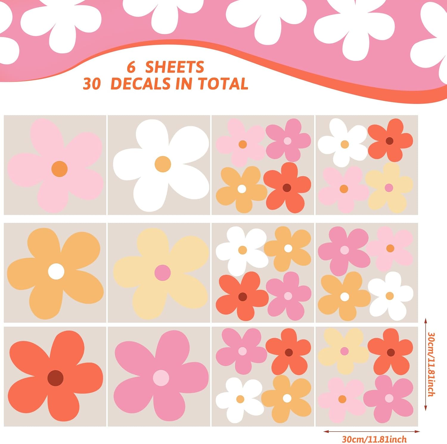 12 hojas de calcomanías de pared de margaritas grandes, calcomanías de pared de margaritas grandes, calcomanías florales para niños y niñas,
