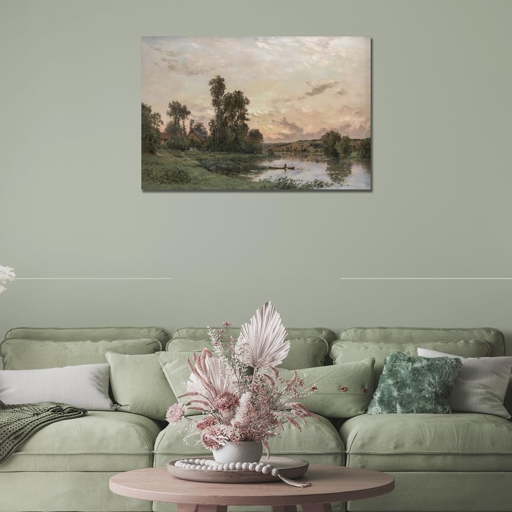 Pintura de paisaje vintage, arte de pared, decoración de habitación, impresionismo, pintura de paisaje tradicional, granja, lienzo, arte de paisaje