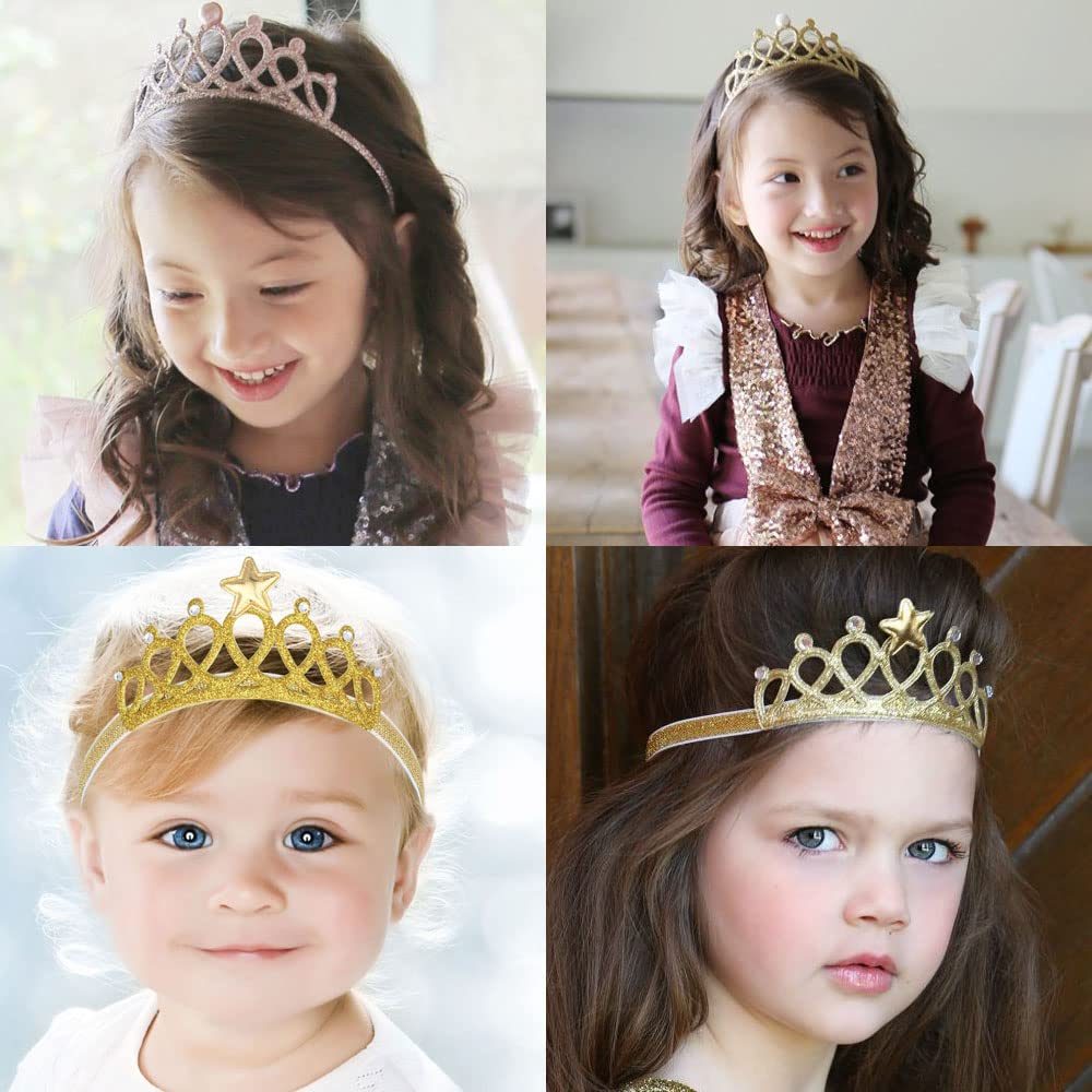 DonLeeving Paquete de 6 diademas de tiara con purpurina para niñas, bandas elásticas para el pelo de princesa para niños pequeños