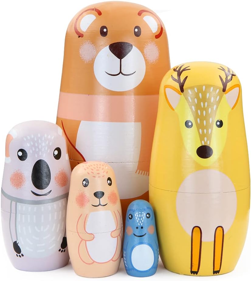 Winterworm Juego de 5 muñecas de anidación de animales Matryoshka Oso, jirafa, koala, conejo, rana, muñecas de anidación rusas, juguetes apilables,