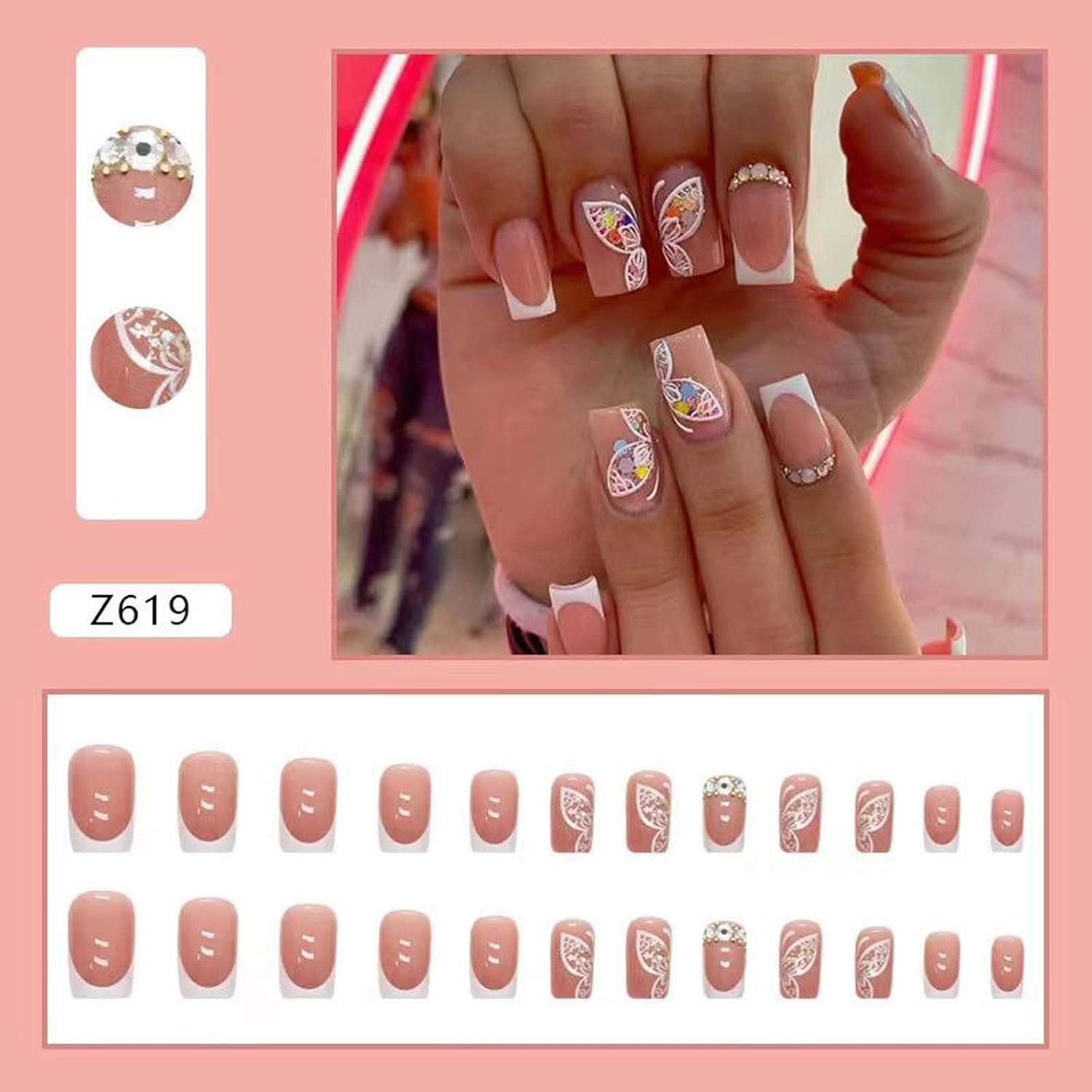 Uñas postizas a presión, francesas, cortas, medianas, cuadradas, rosas, mariposa, diamantes de imitación, uñas postizas cortas cuadradas acrílicas