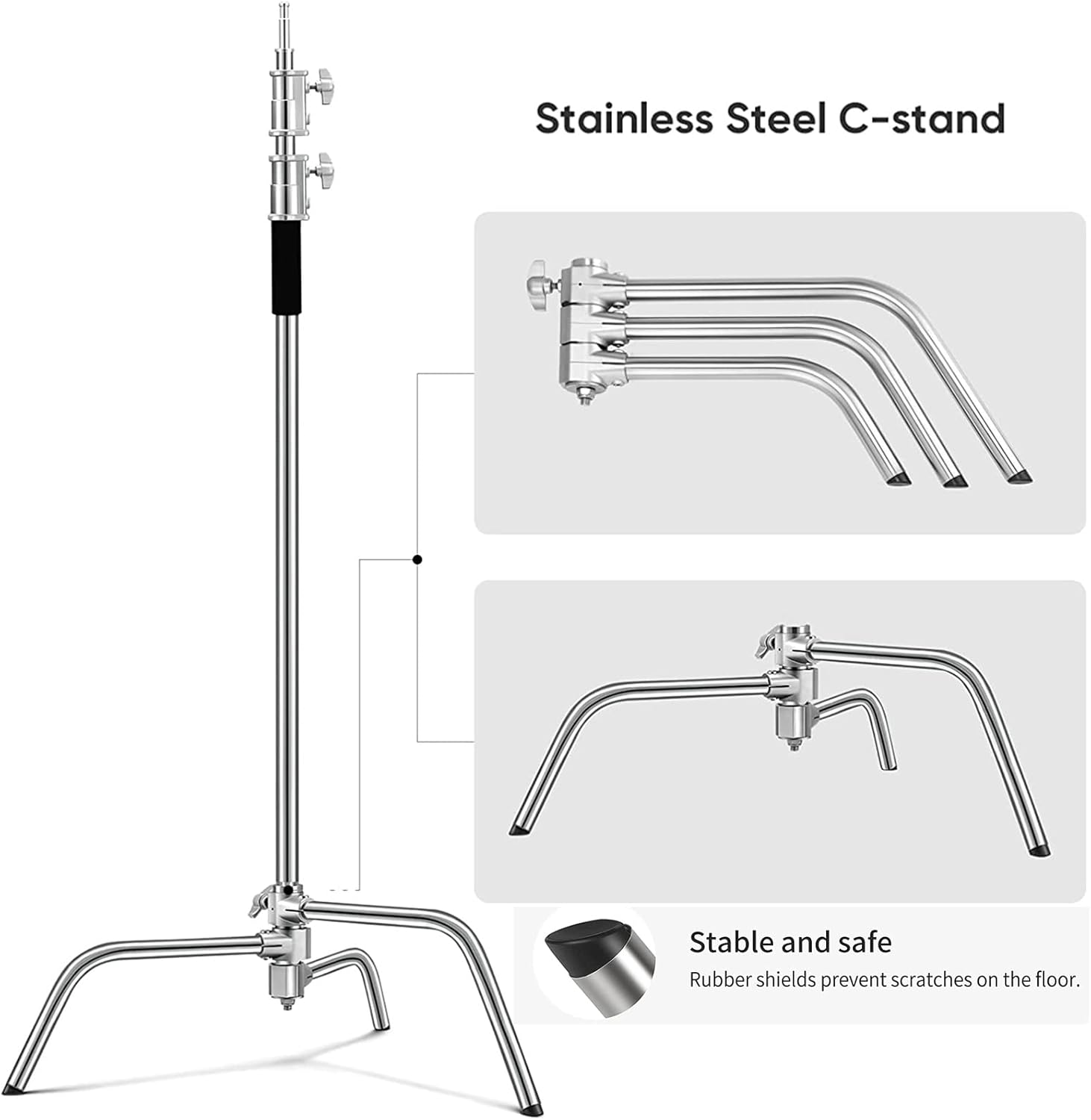 Soporte en C resistente de acero inoxidable con brazo de pluma Altura máxima 10.8 pies129.9 in, soporte de luz ajustable para fotografía con brazo