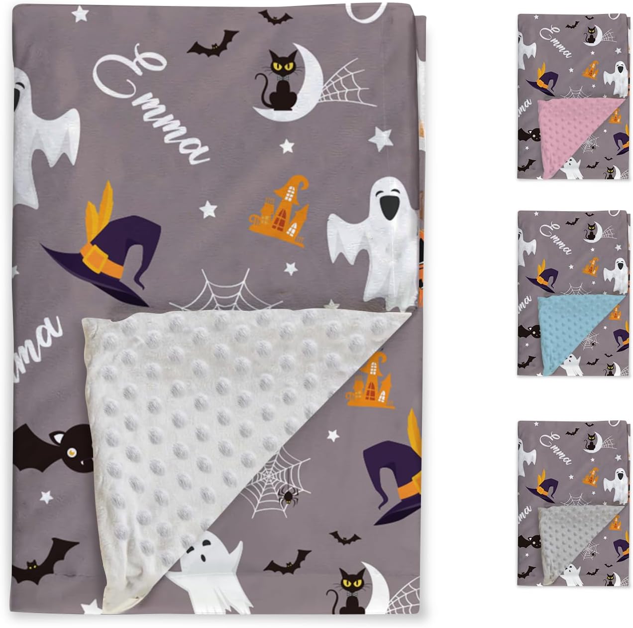 Duckbe Manta de Halloween personalizada, diseños de dibujos animados con nombre personalizable, manta de franela de felpa suave con respaldo