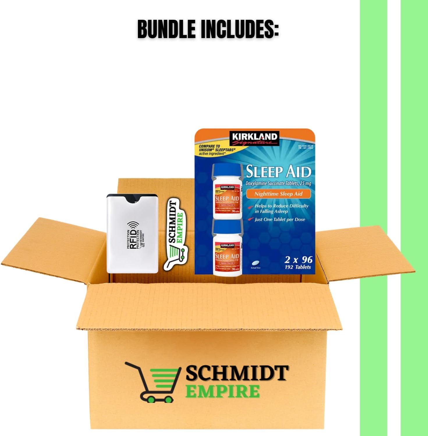 Kirkland Signature Sleep Aid Succinato de doxilamina de 25 mg (2 frascos, 96 pestañas en total 192 tabletas) + 1 protector de tarjeta SchmiidtEmpire