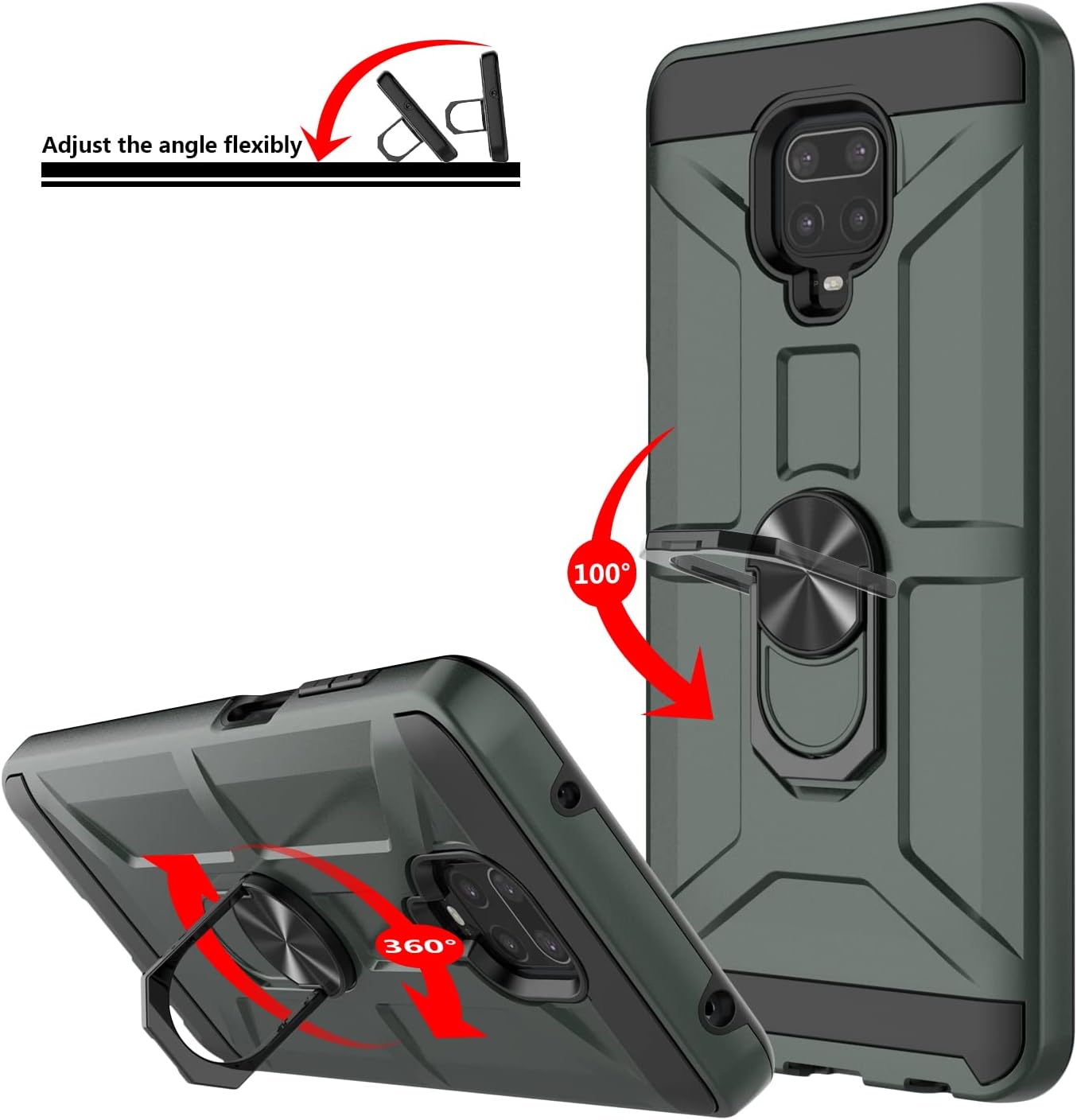 Funda para Xiaomi Note 9 Pro, Note 9sNote 9 Pro Max, con 3 protectores de pantalla de vidrio templado, soporte de anillo integrado y soporte