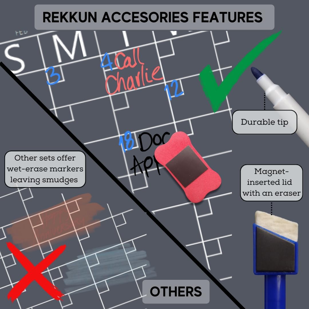 REKKUN – Pizarras magnéticas acrílicas de borrado en seco. Juego de 2 piezas de calendario mensual acrílico de 16 x 12 pulgadas y lista de tareas