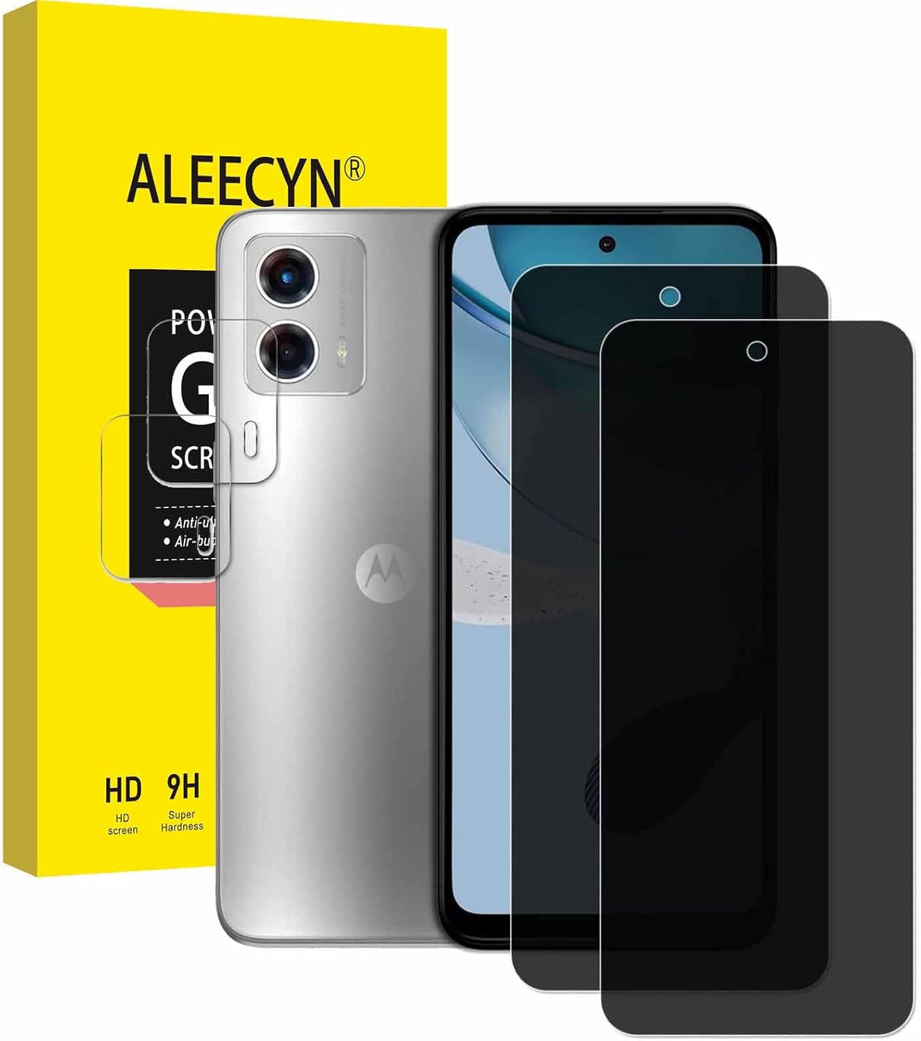 Paquete de 2 + 2 protectores de pantalla de privacidad para Motorola Moto G 5G 2023 + 2 protectores de lente de cámara, película de vidrio templado