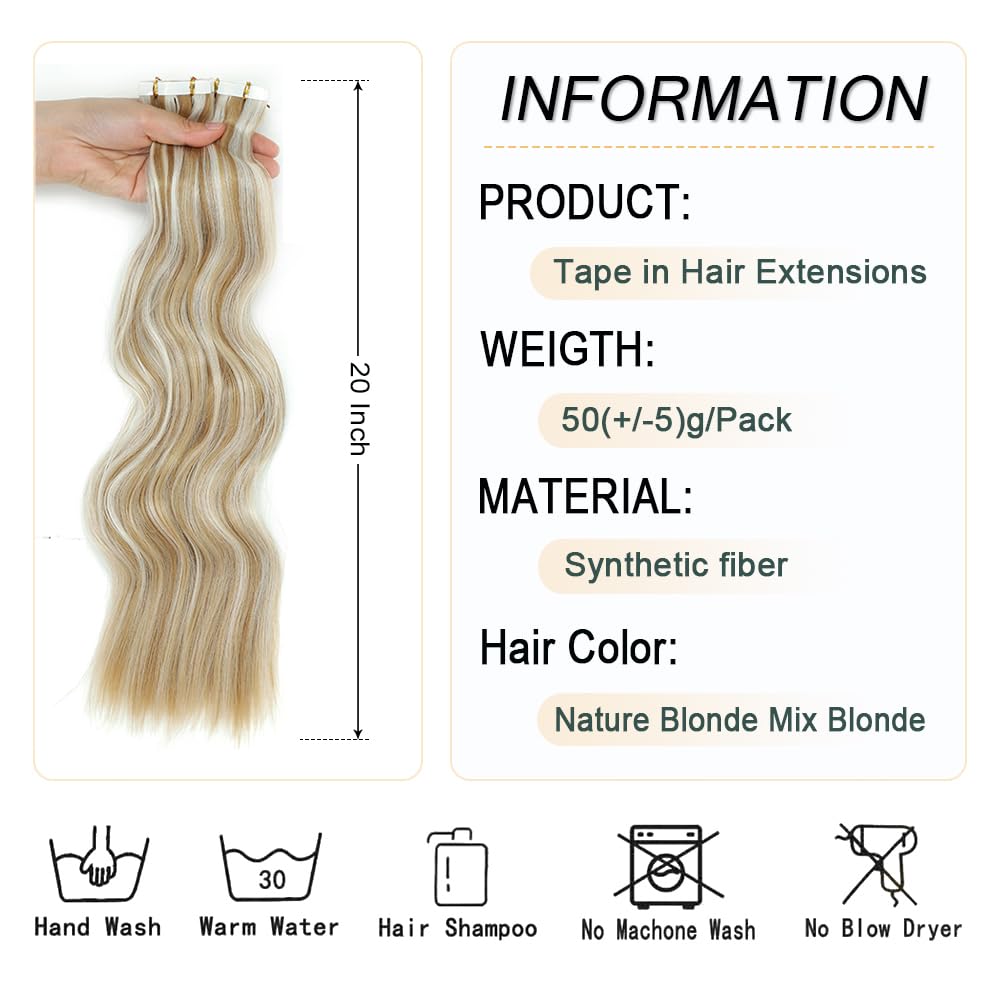 Extensiones de cabello con cinta, 10 unidades, 1.76 oz, extensiones de cabello sintético rizado, ondulado, de 20 pulgadas, sin costuras, cinta