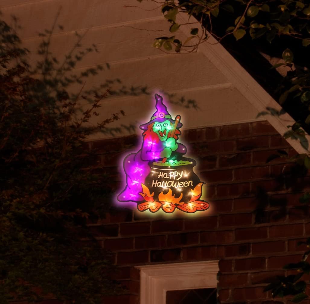 Decoración de silueta de ventana de Halloween con 20 luces LED, decoración de Halloween (bruja)