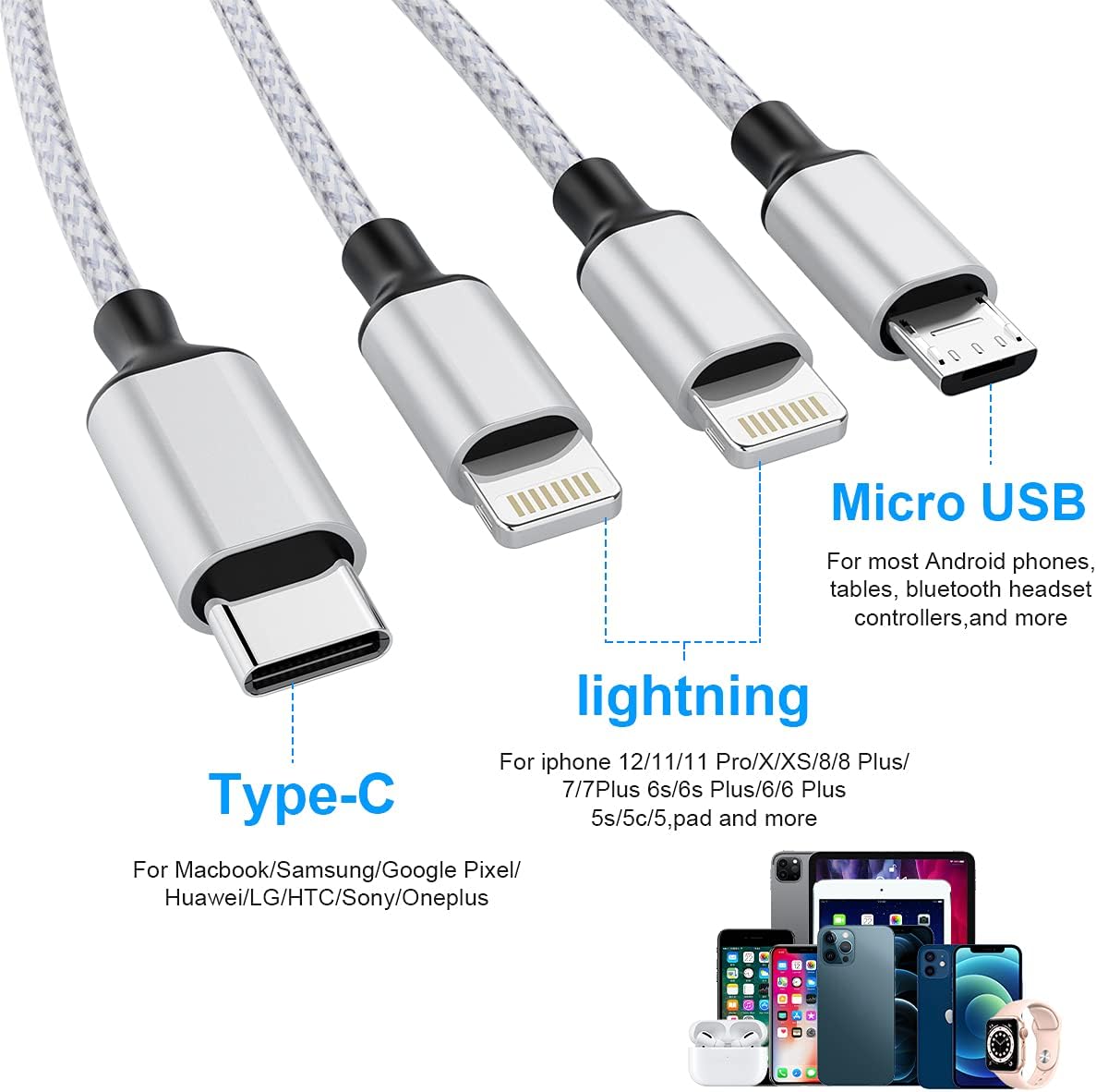 Cable de carga para iPhone de 5.9 ft6 pies Multi 4 en 1 USB Universal Cable de carga rápida Cable de carga múltiple Lightningx2+Tipo C+Micro USB