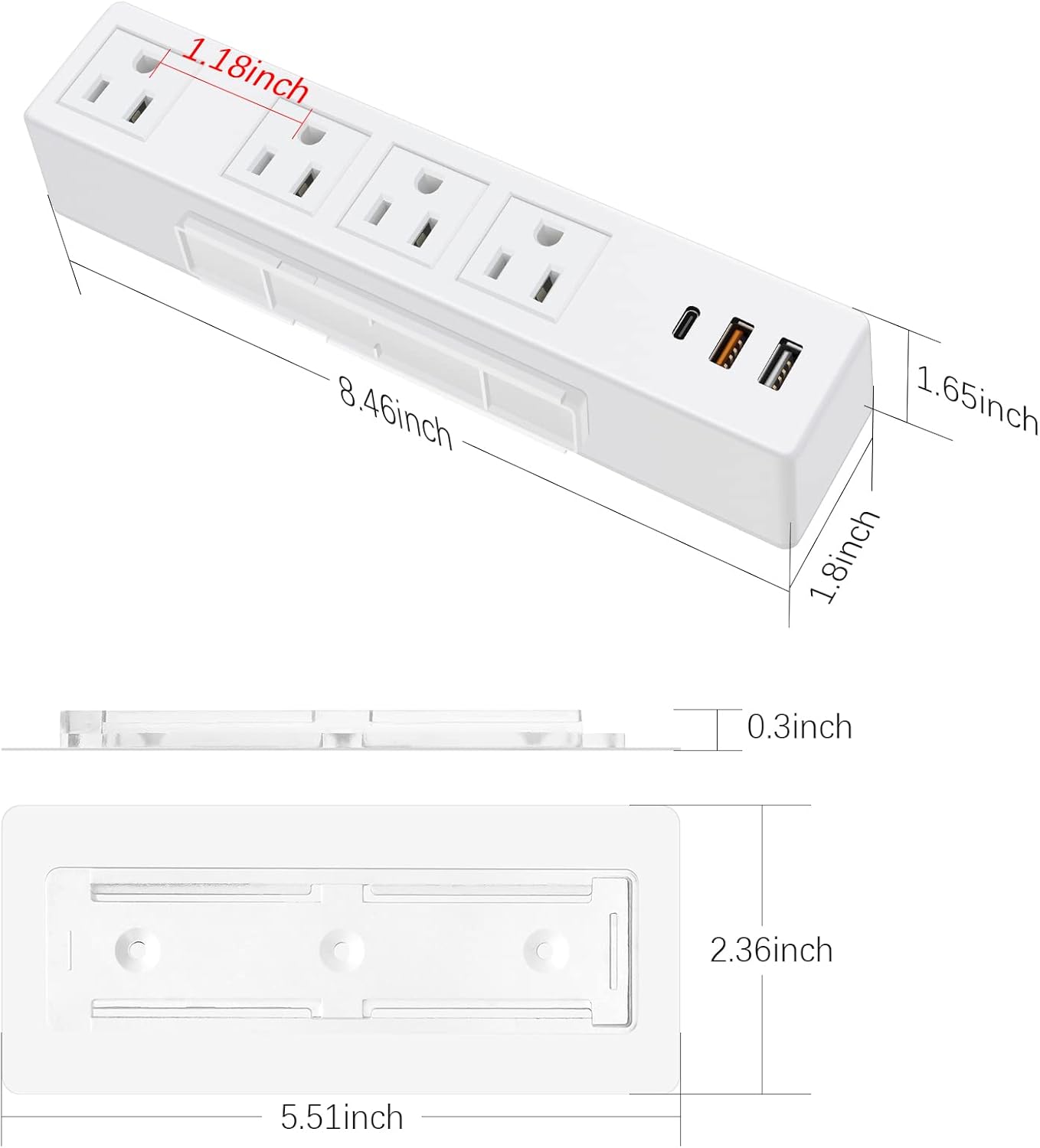 Tira de alimentación blanca tipo C para debajo del escritorio, tira de alimentación adhesiva de montaje en pared con puertos USB C, toma de enchufe