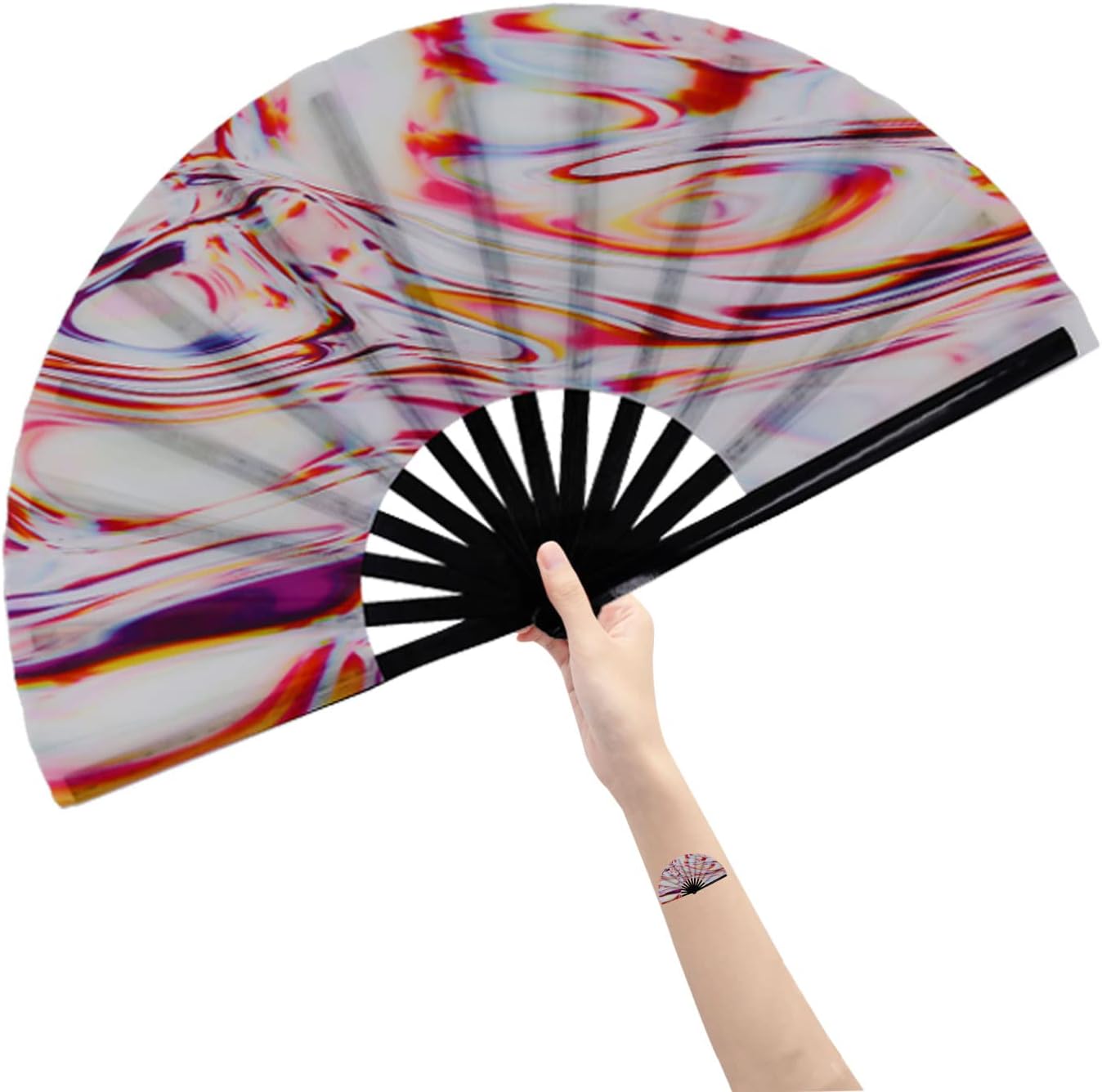 Amajiji Abanico plegable grande para mujeres y hombres, ventilador de mano plegable de bambú japonés y tela de nailon, ventilador de mano,