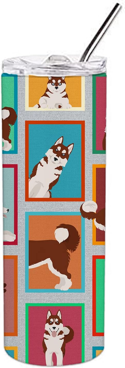 Caroline’s Treasures MLM1160TBL20 – Lots of Red Siberian Husky – Vaso delgado de acero inoxidable de 20 onzas, vaso térmico reutilizable de doble
