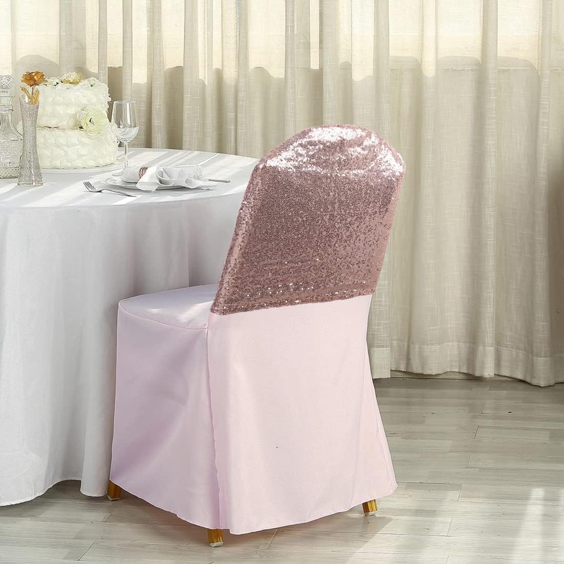 Poise3EHome Juego de 4 fundas de lentejuelas para respaldo de silla, fundas plegables de color oro rosa para fiestas, bodas, banquetes, recepciones
