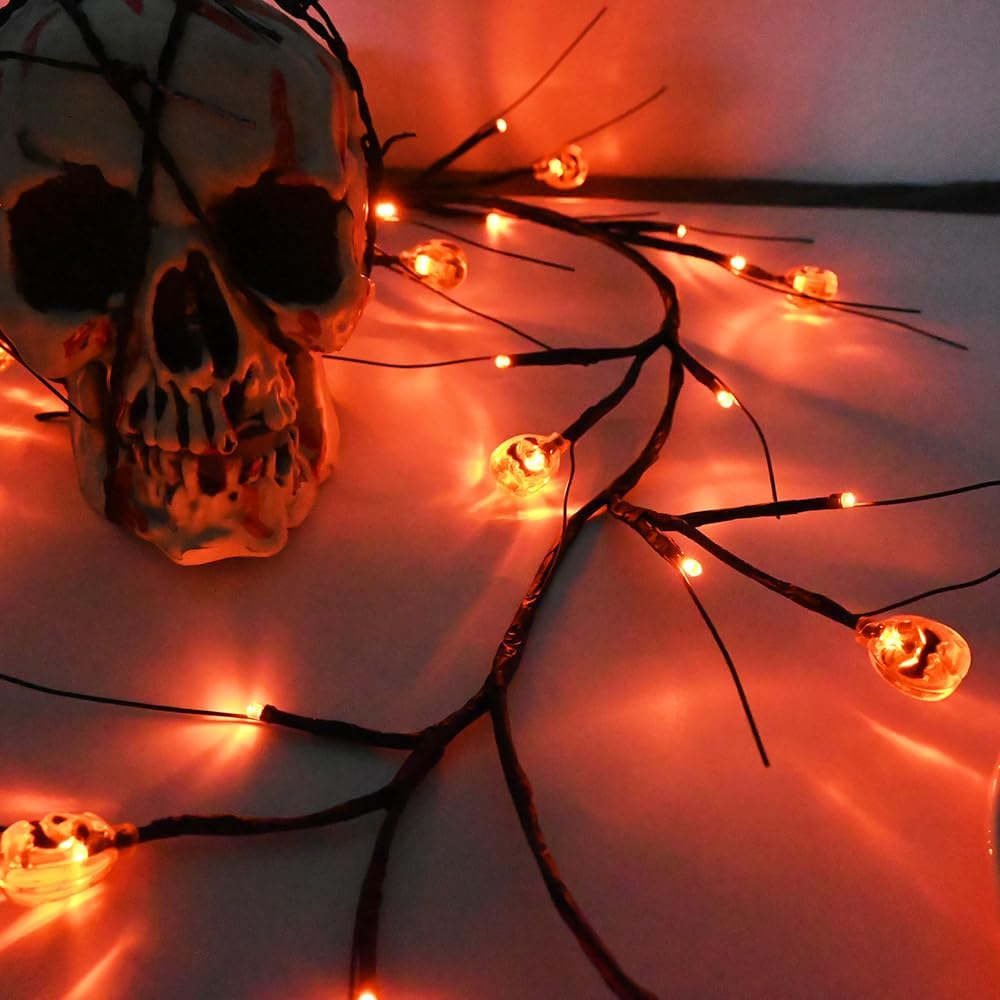 PALONMY Luces de decoración de Halloween de 6.5 pies, 54 luces LED de sauce con temporizador, guirnalda de luces que funcionan con pilas, 18