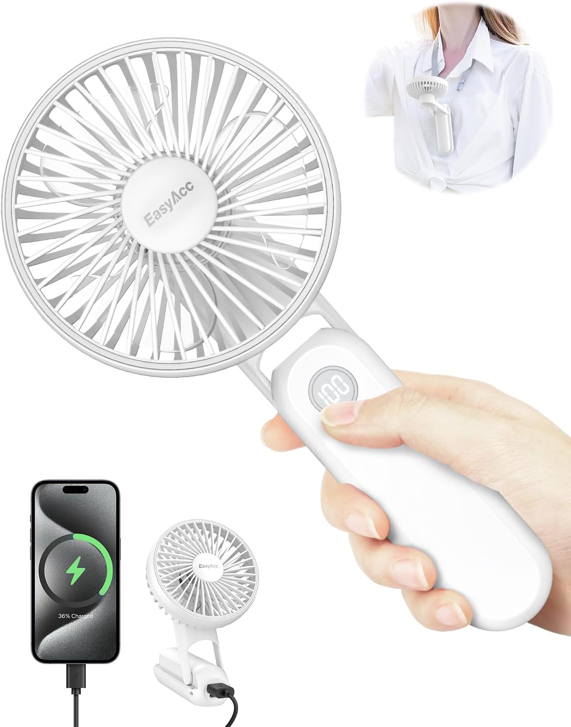 EasyAcc Ventilador de mano portátil, ventilador personal recargable de 5000 mAh 32H, ventilador personal recargable de 5 velocidades, potente y
