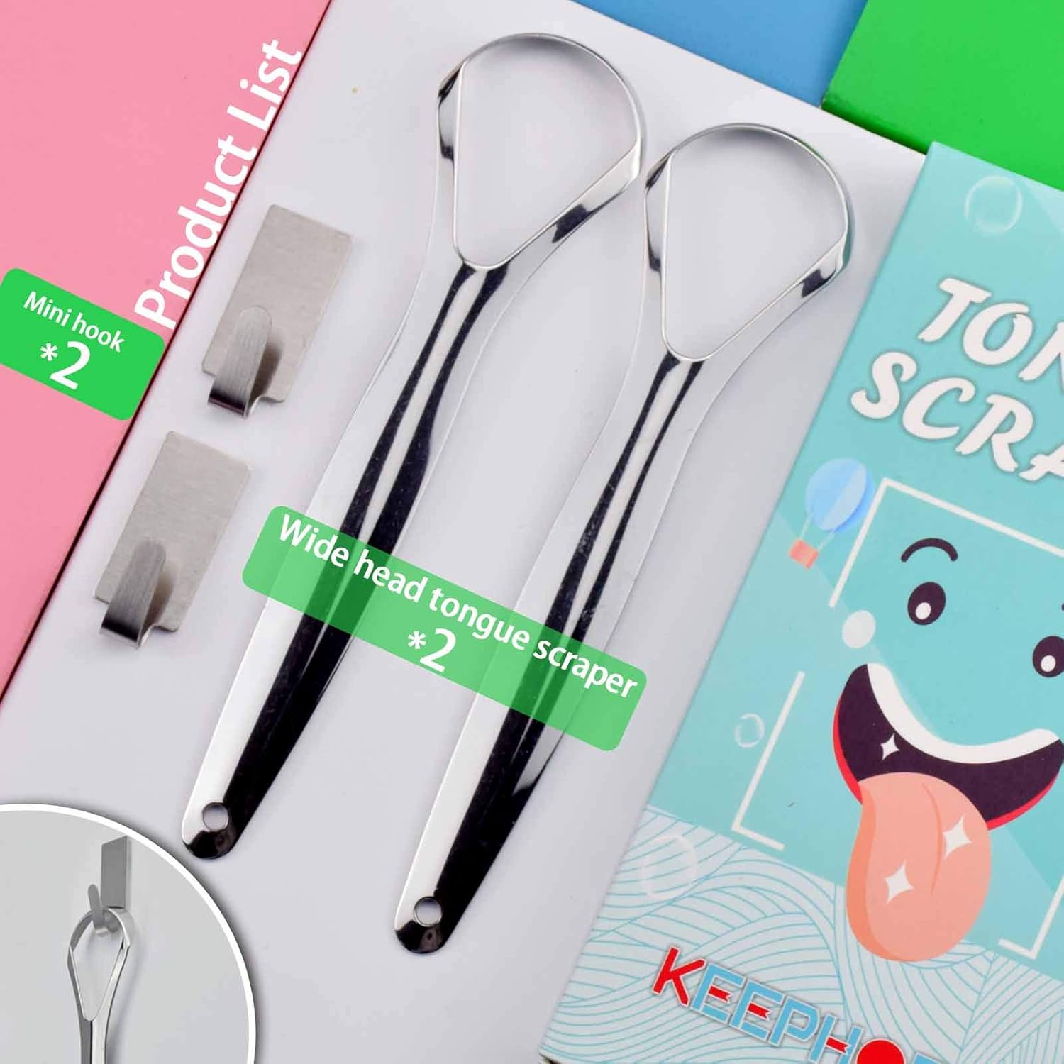 Raspador de lengua (paquete de 2) limpiador de lengua de acero inoxidable de grado médico para adultos y niños con 2 mini ganchos para reducir el