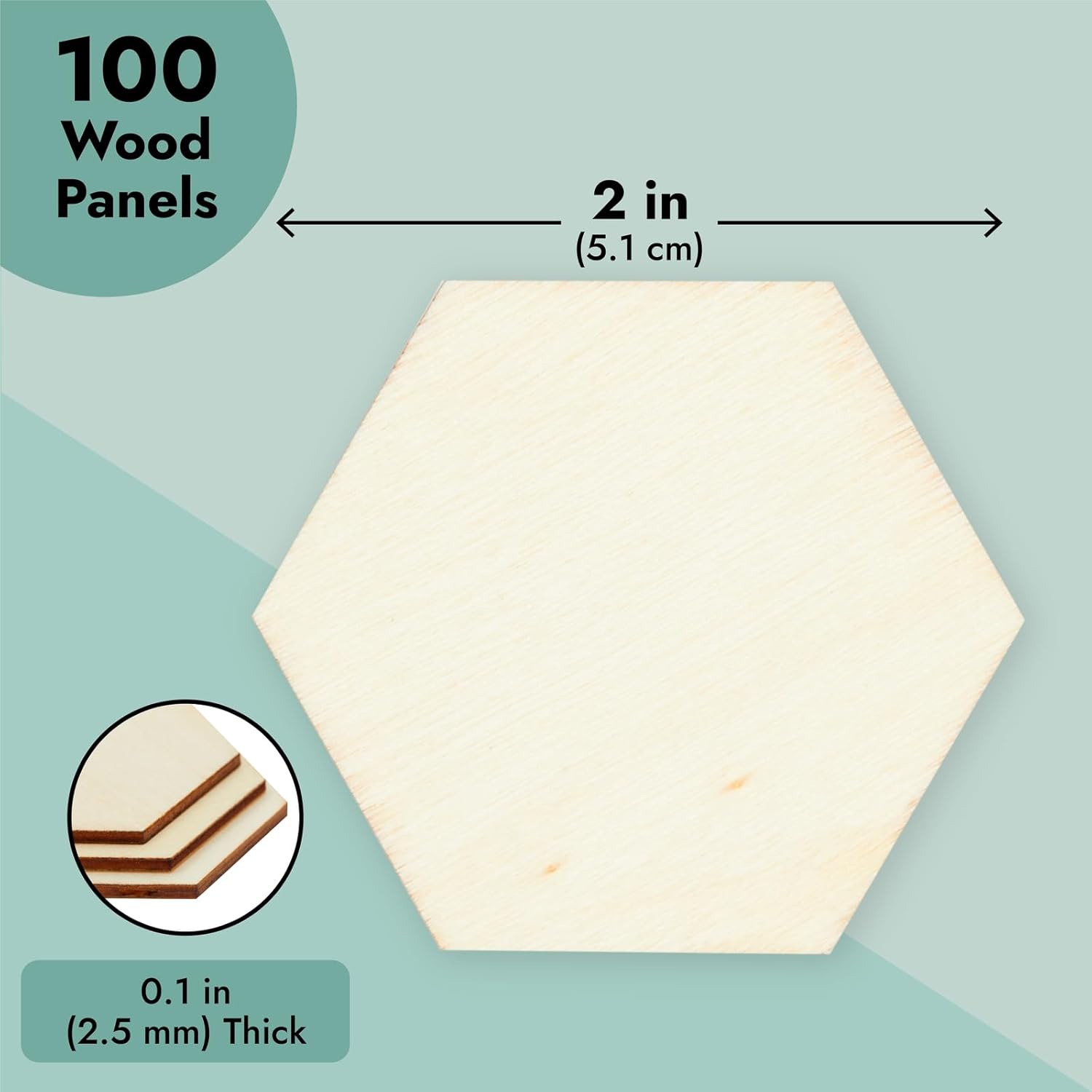 Bright Creations Paquete de 100 piezas hexagonales de madera sin terminar para manualidades, recortes de rebanadas de madera de 0.098 in (2 x 2