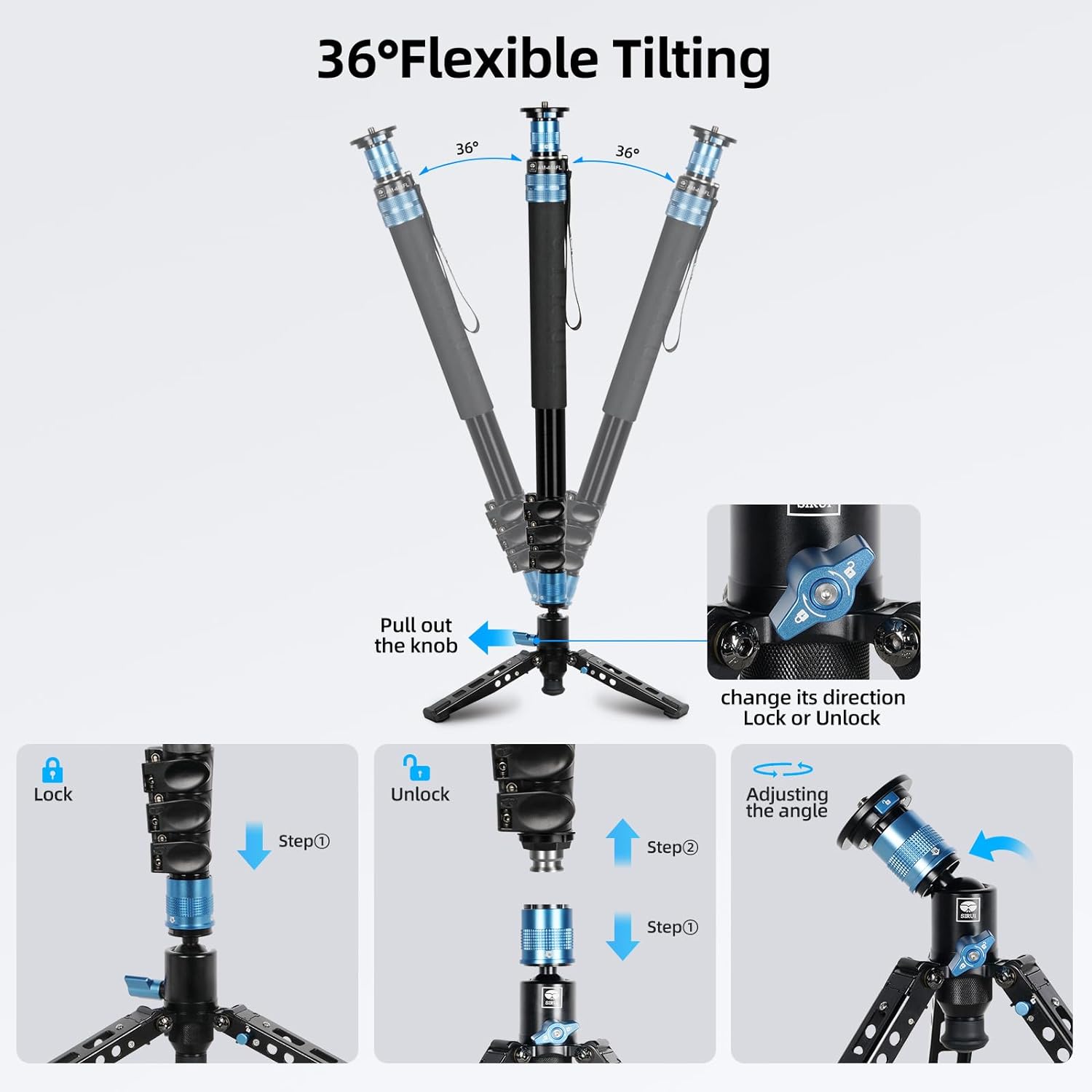 SIRUI AM-404FL Monopod para cámara con pies, monopie de video de viaje de aluminio de 74.8 pulgadas con base extraíble, delgado y ligero, carga