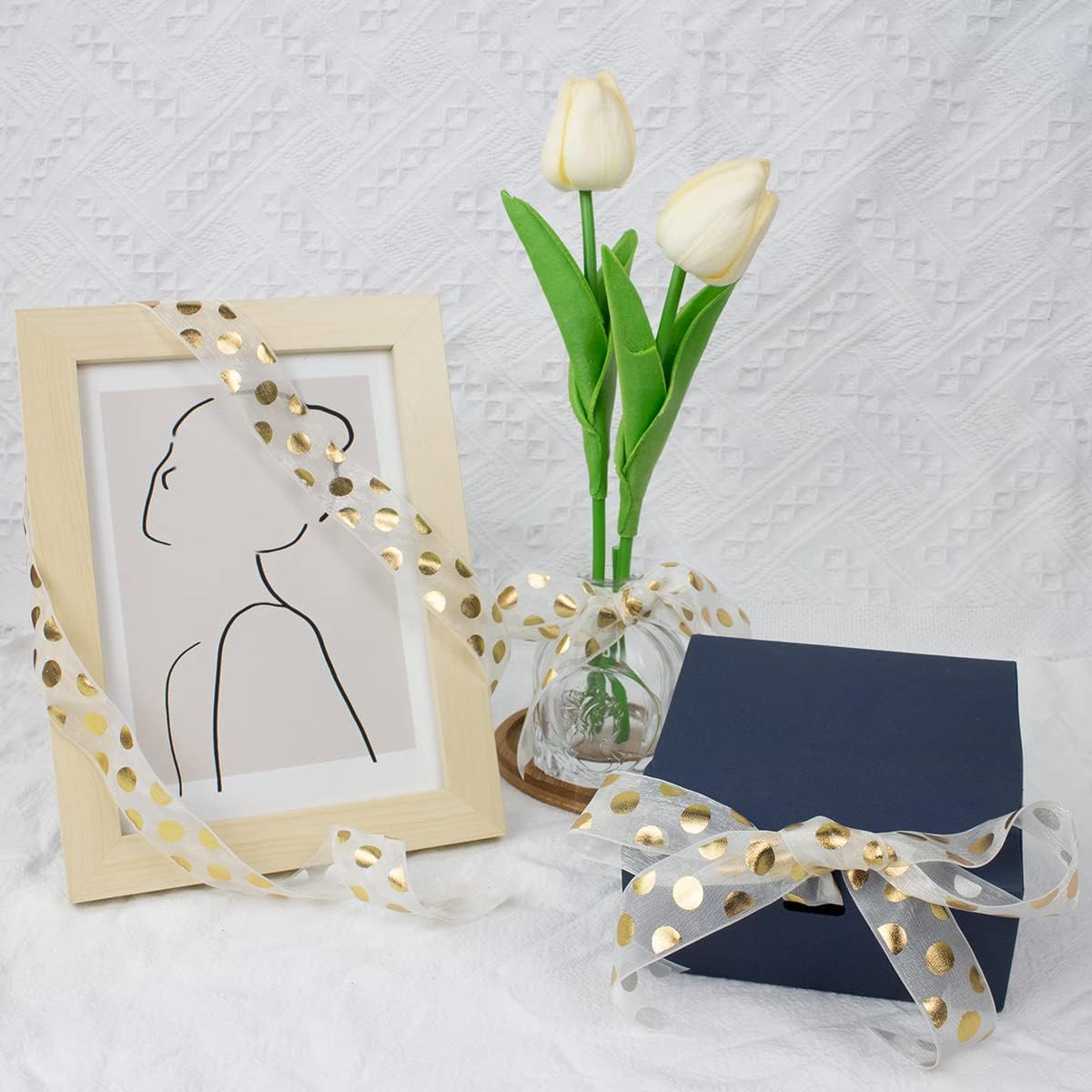 Cinta de lunares de 1 pulgada, cintas de organza impresas con puntos dorados para envolver regalos, lazos para el pelo, manualidades, invitación de
