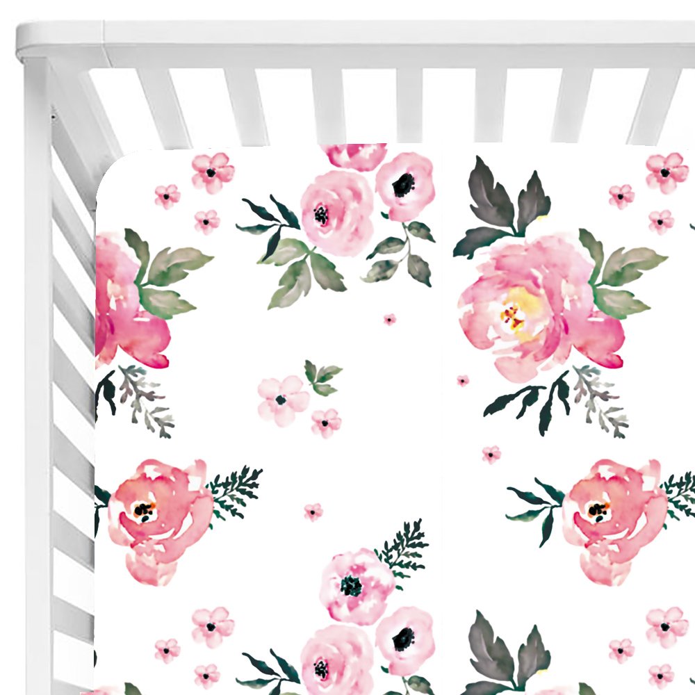 Sábana bajera ajustable floral para cuna para niños y niñas, se adapta a colchones estándar de cuna de 28 x 52 pulgadas (rosa pera)