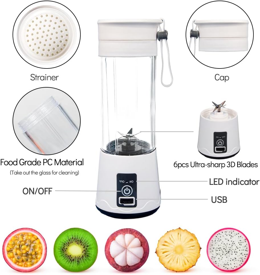 Licuadora portátil para batidos y licuados de frutas, pequeña bebida personal, licuadora eléctrica, recargable por USB, 12.8 fl oz (13 onzas) y 6