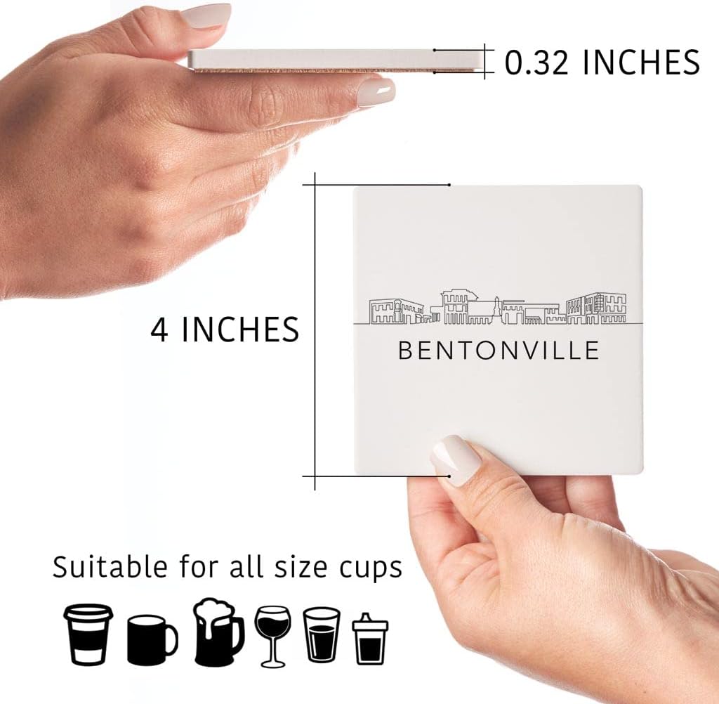 Minimalista B&W Arkansas Bentonville Skyline, Joyride Home Decor, 4 posavasos de cerámica, posavasos cuadrados de 4 pulgadas, juego de 4, parte