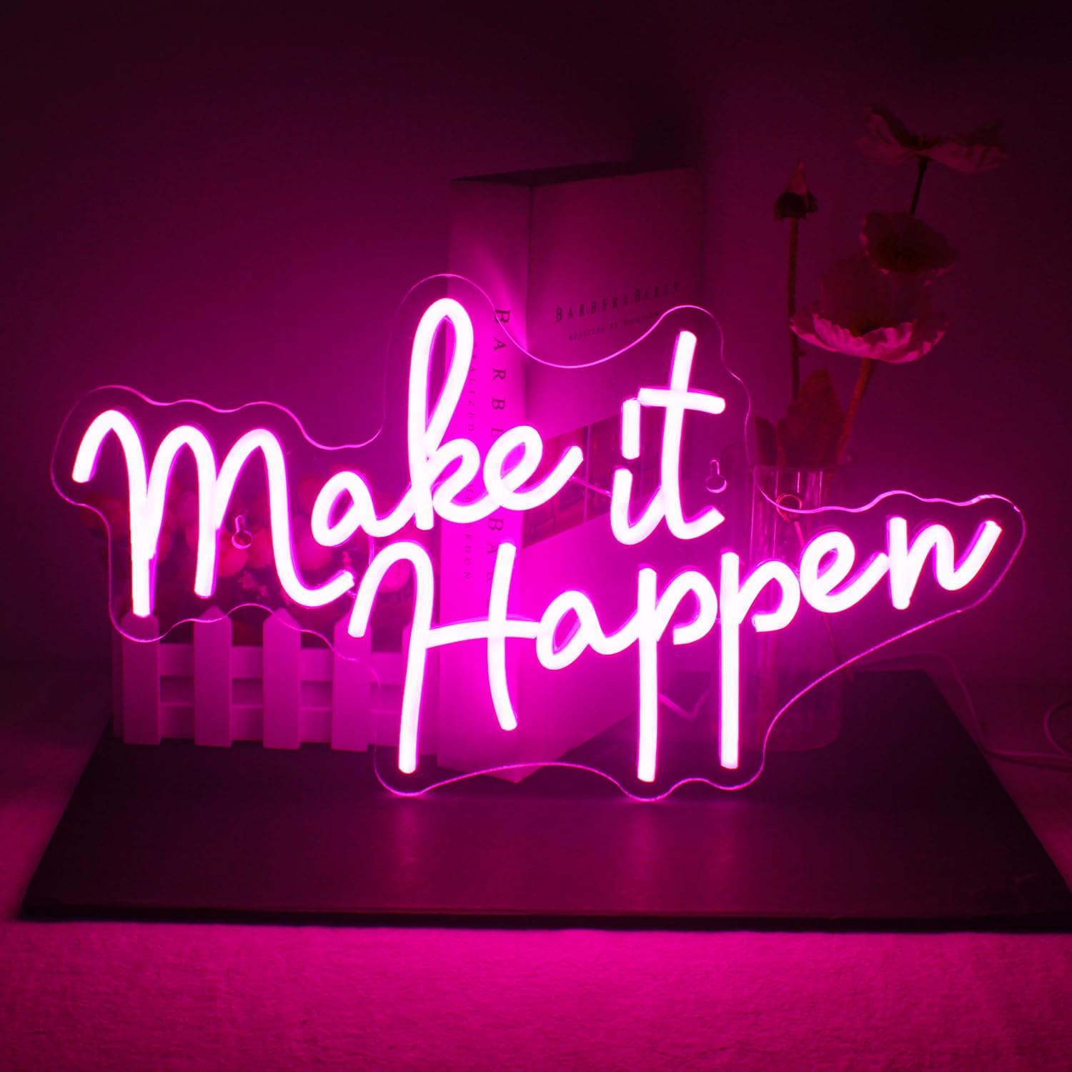 Letrero de neón con texto en inglés Make It Happen con luz LED rosa para decoración de pared, letras USB, luz de neón para interiores, dormitorio,