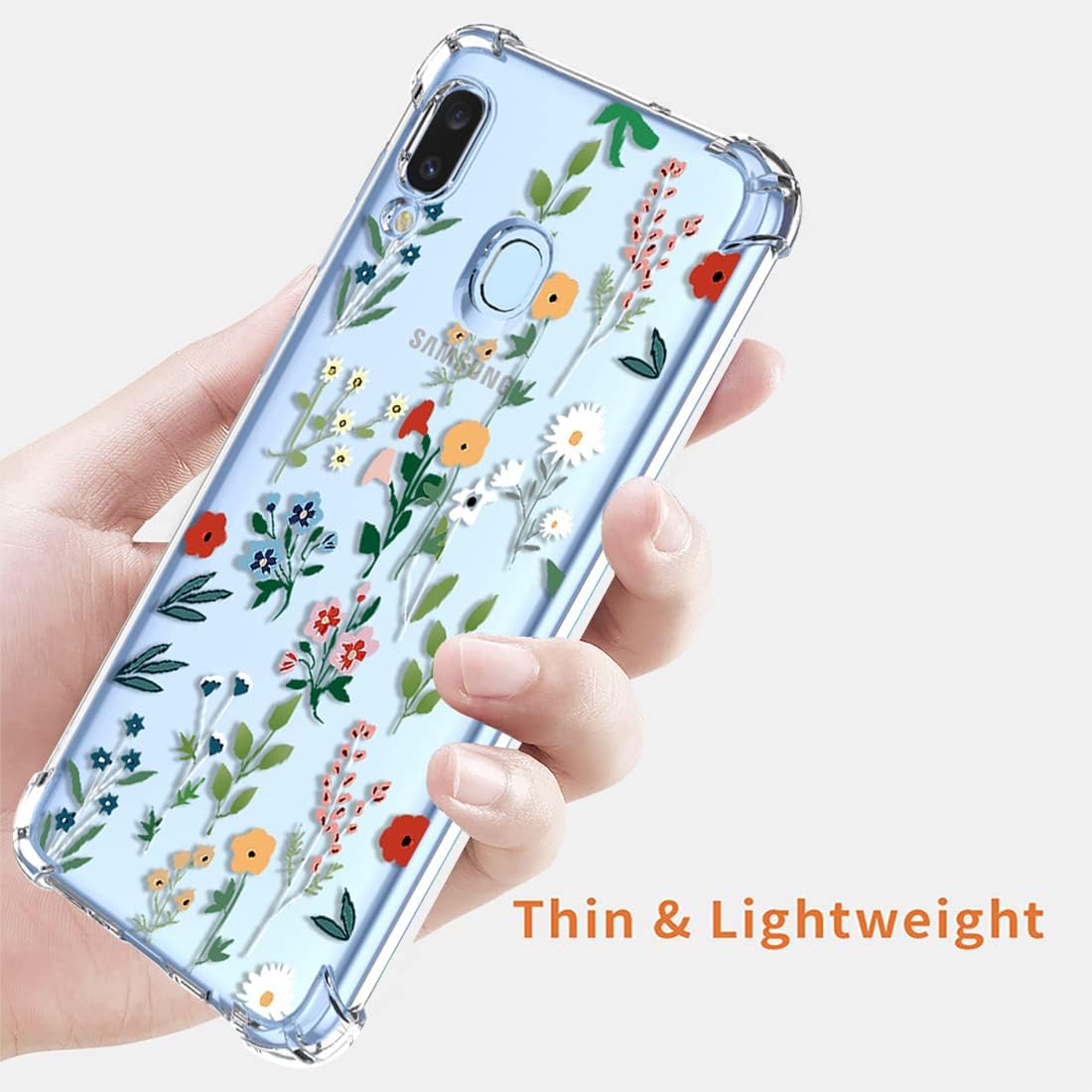 Funda para Galaxy A20Galaxy A30 SM-A205U SM-A305F Funda transparente con diseño de TPU suave absorción de impactos, patrón de jardín de flores,