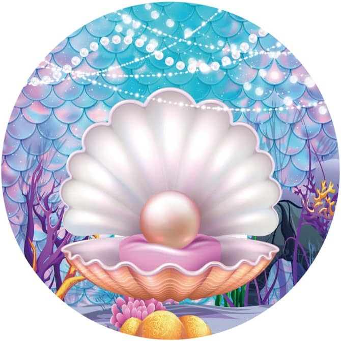 Laeacco Telón de fondo redondo de sirena de concha de perla de 5 x 5 pies, con perlas brillantes, escamas de sirena, cubierta de telón de fondo