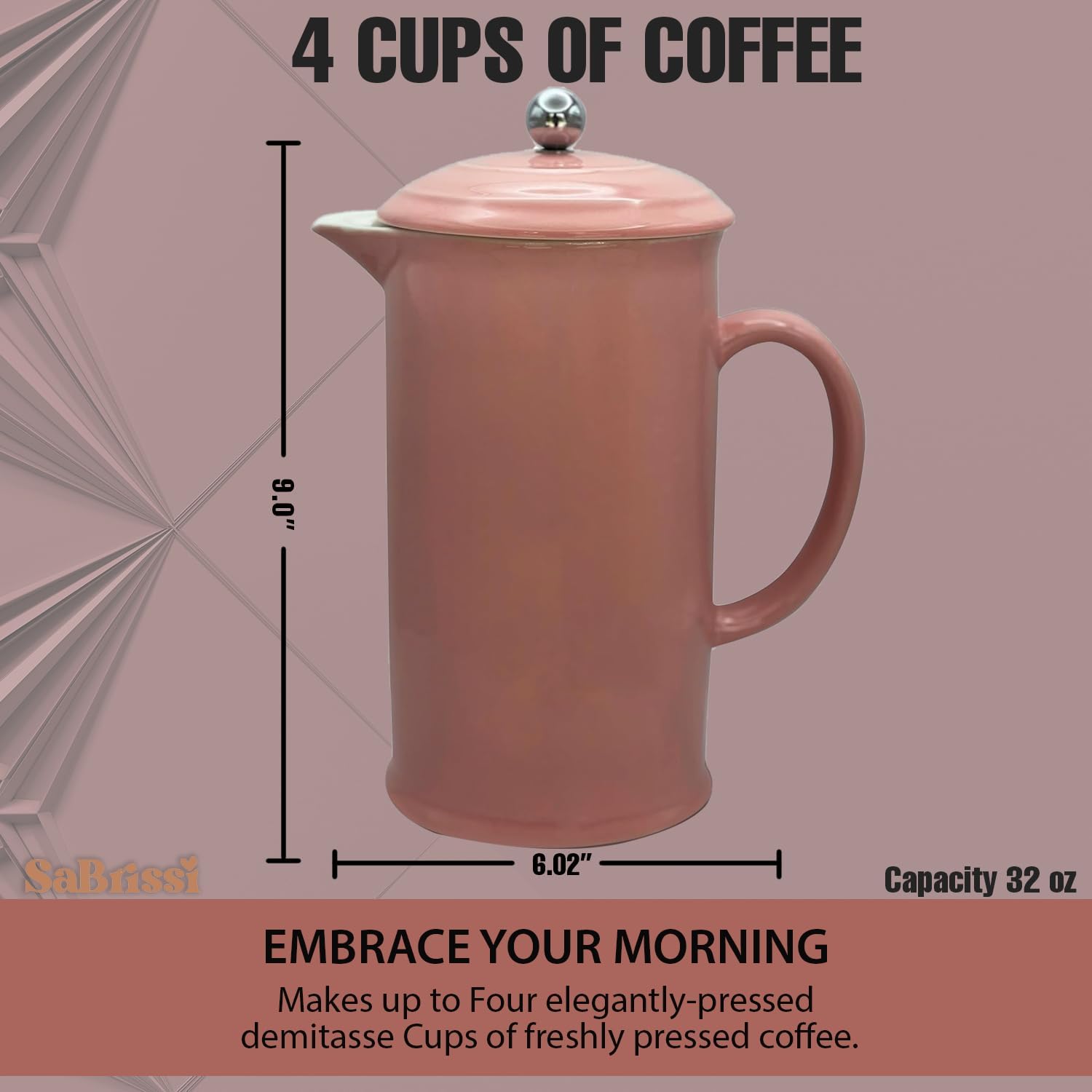 Cafetera de prensa francesa, cerámica vintage, 34 onzas, con aislamiento, retención de calor, apta para lavavajillas (rosa)