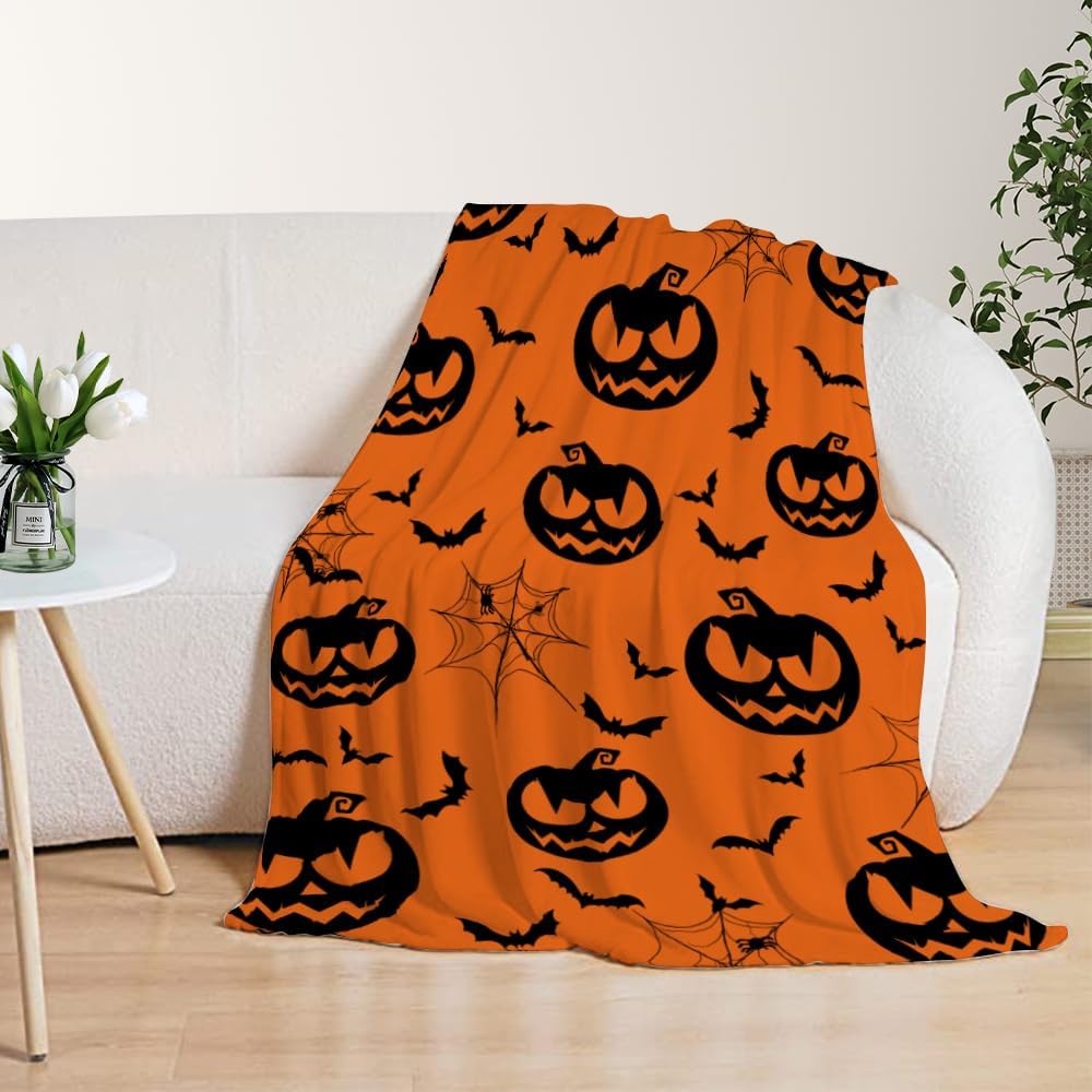 YeeJu Manta de Halloween tamaño individual, color naranja, espeluznante calabazas, para sofá, cama, para exteriores, para Halloween, acogedora,