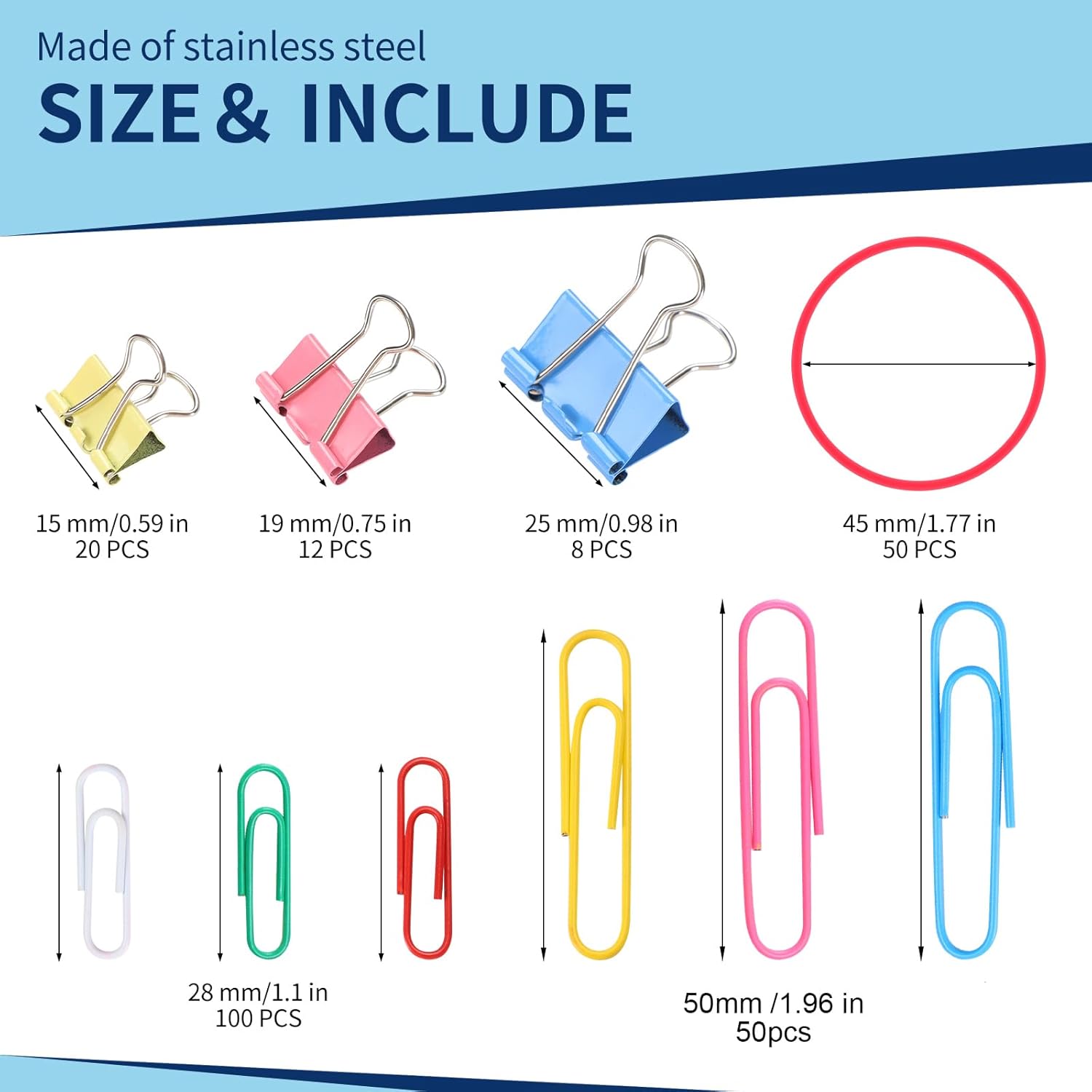 Clips de papel y clips para carpetas de varios tamaños, soporte de clip de papel pequeño y grande, juego de suministros de oficinaorganizadores de