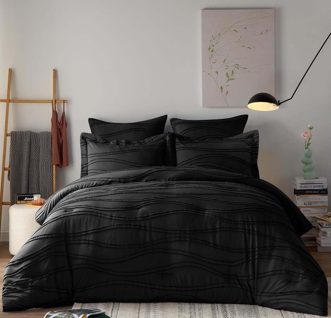 Gemarwel Juego de edredón negro tamaño individual, edredón blanco suave de 2 piezas, juego de ropa de cama y colecciones ligero bohemio copetudo