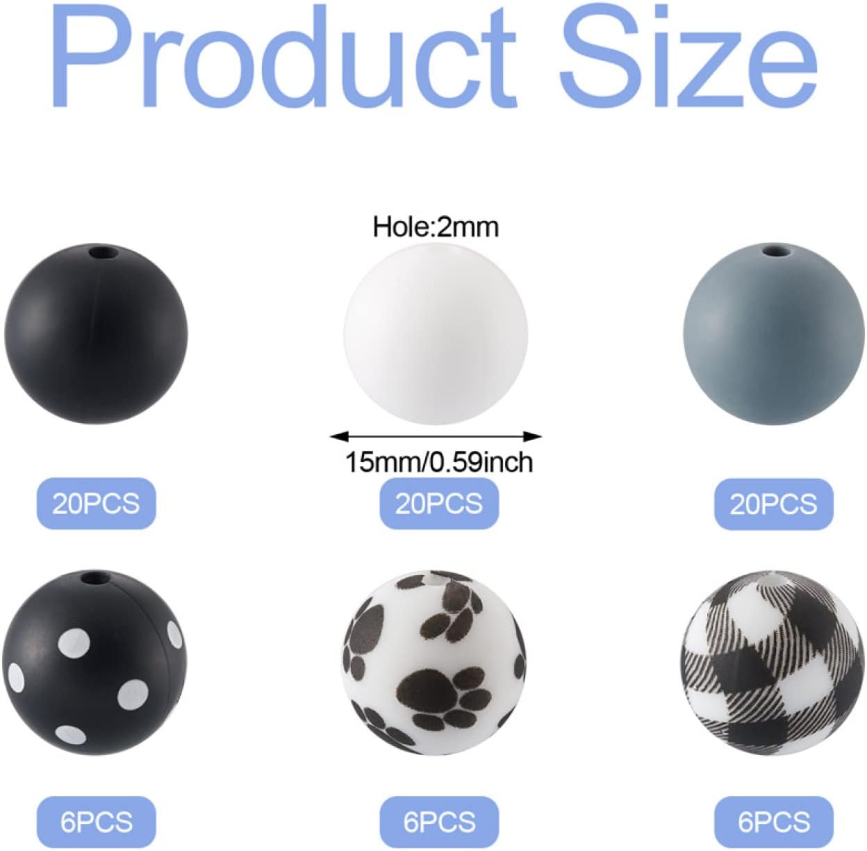 Mega Pet 78 cuentas de silicona de 6 estilos, bolas redondas de silicona espaciadoras para bricolaje, collares, pulseras, llaveros, agujeros para