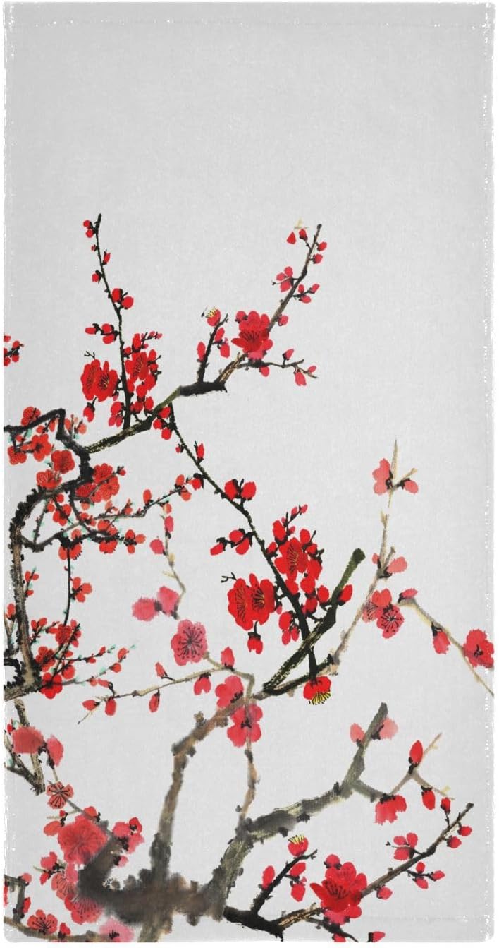 HATESAH Paquete de 2 toallas de mano con diseño de flor de cerezo rojo, toallas de baño absorbentes de microfibra asiática japonesa con tinta de