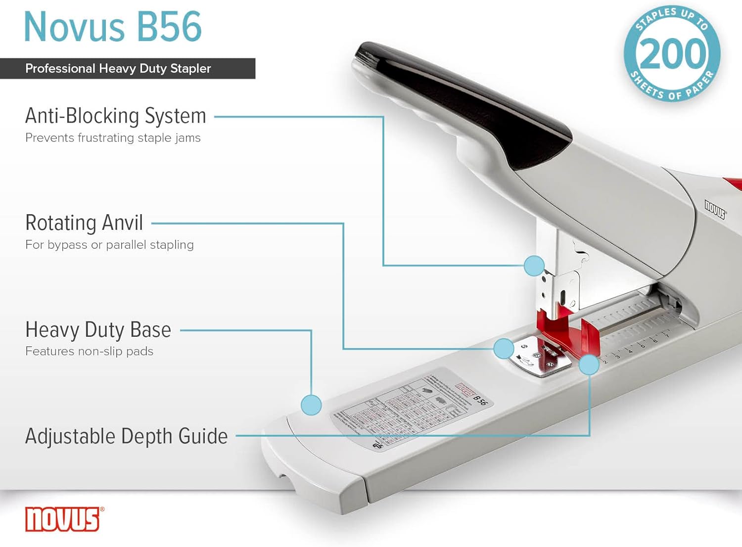 Novus Engrapadora resistente B56, capacidad para 200 hojas, antiatascos, profundidad de grapado de 3 pulgadas con guía ajustable, derivación de