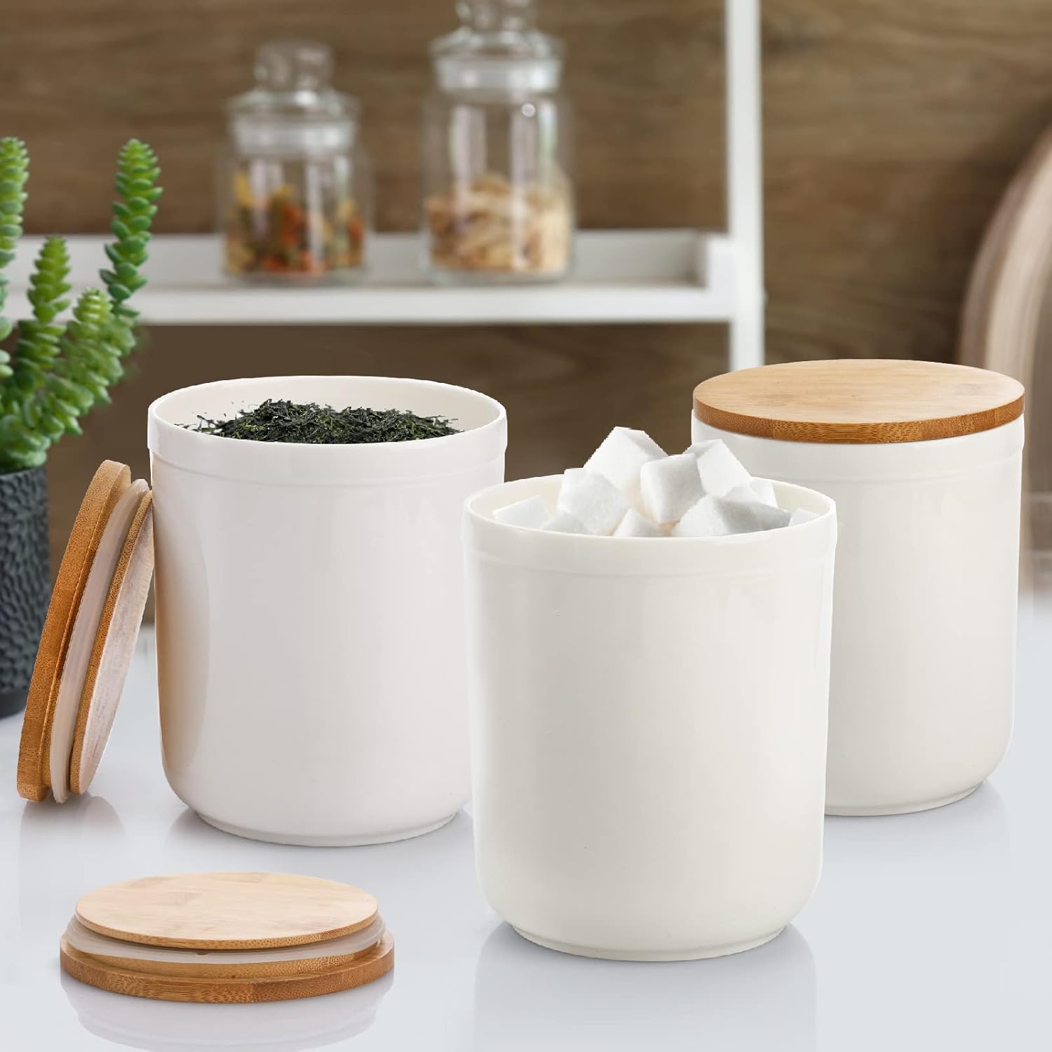 AVLA Paquete de 3 tarros de cerámica para almacenamiento de alimentos con tapas de bambú, recipientes de cocina blancos de 36 onzas líquidas para