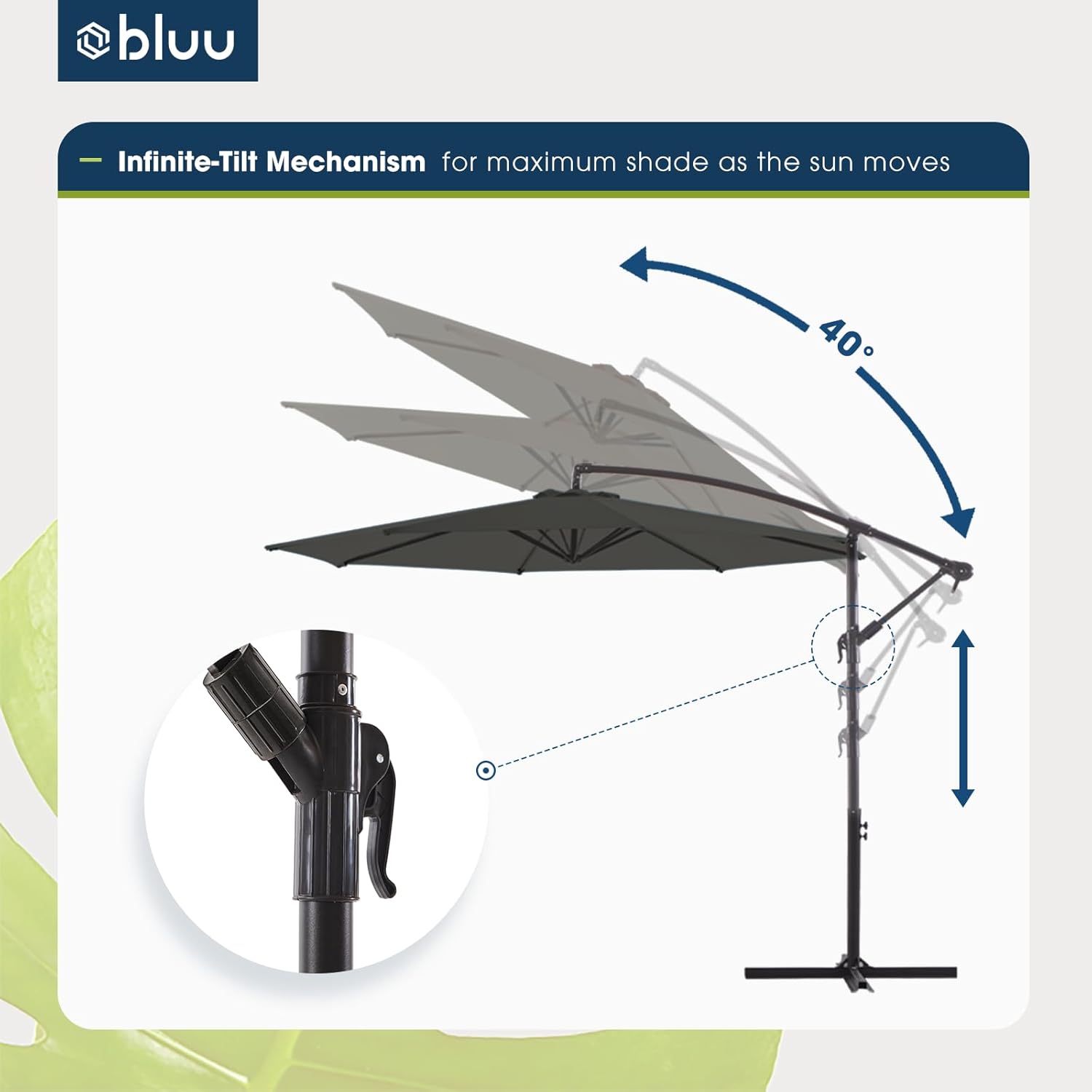 BLUU Sombrilla de patio de 10 pies para exteriores, sombrilla voladiza colgante, manivela y base cruzada resistente a la decoloración (gris, 10 pies)