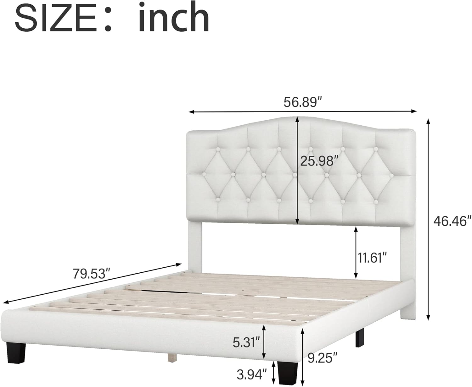 Cama de plataforma tapizada con cabecera curvada y detalles capitoné de diamante, soporte de listones de madera, no necesita somier, fácil montaje